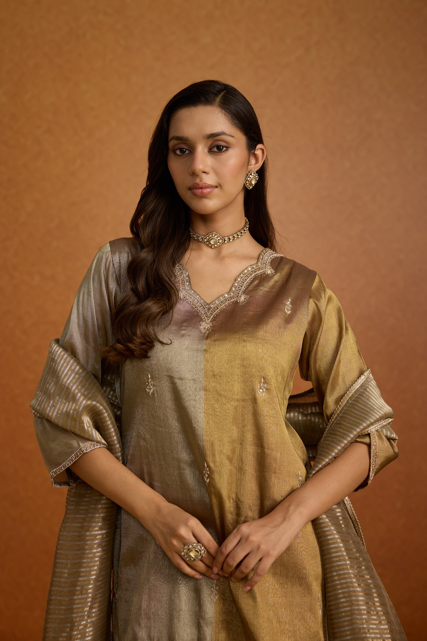 Metallic Greige Embellished Premium Silk Skirt Set