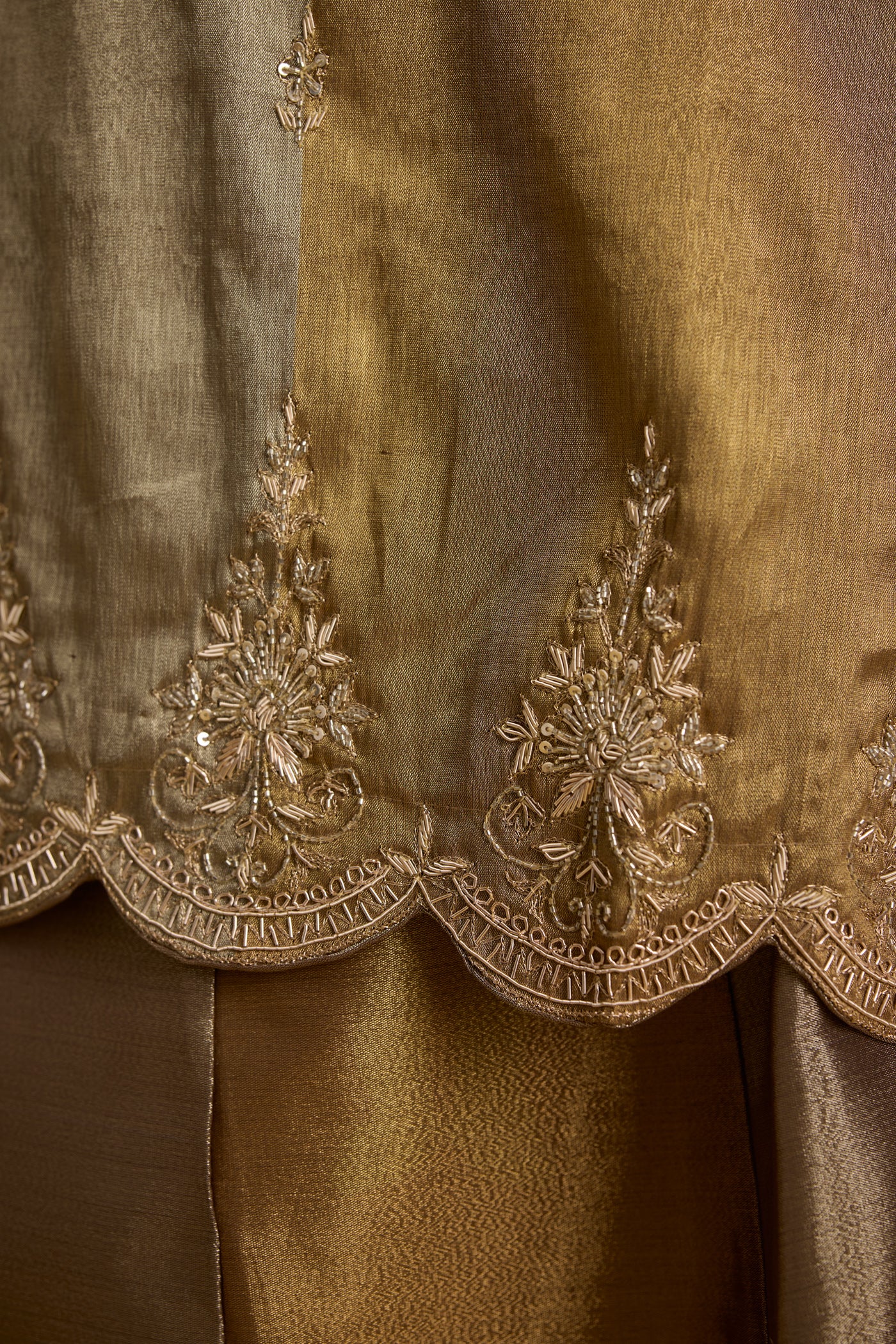 Metallic Greige Embellished Premium Silk Skirt Set