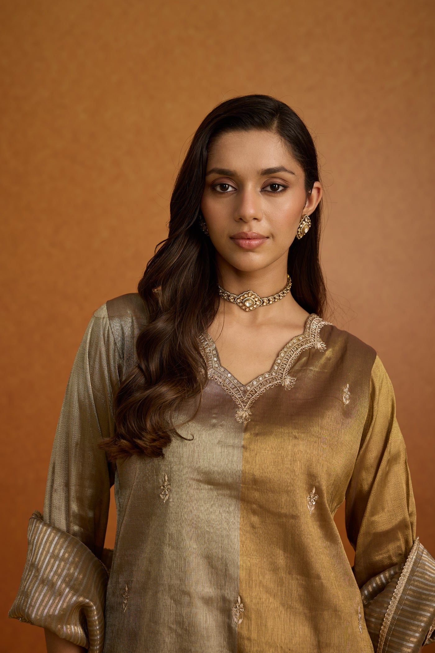 Metallic Greige Embellished Premium Silk Skirt Set