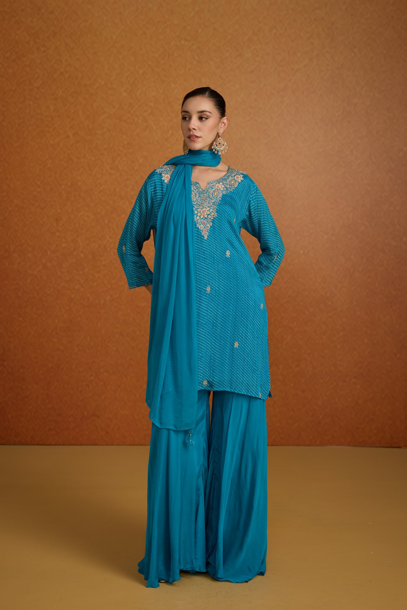 Turquoise Teal Embellished Crepe Silk Palazzo Set