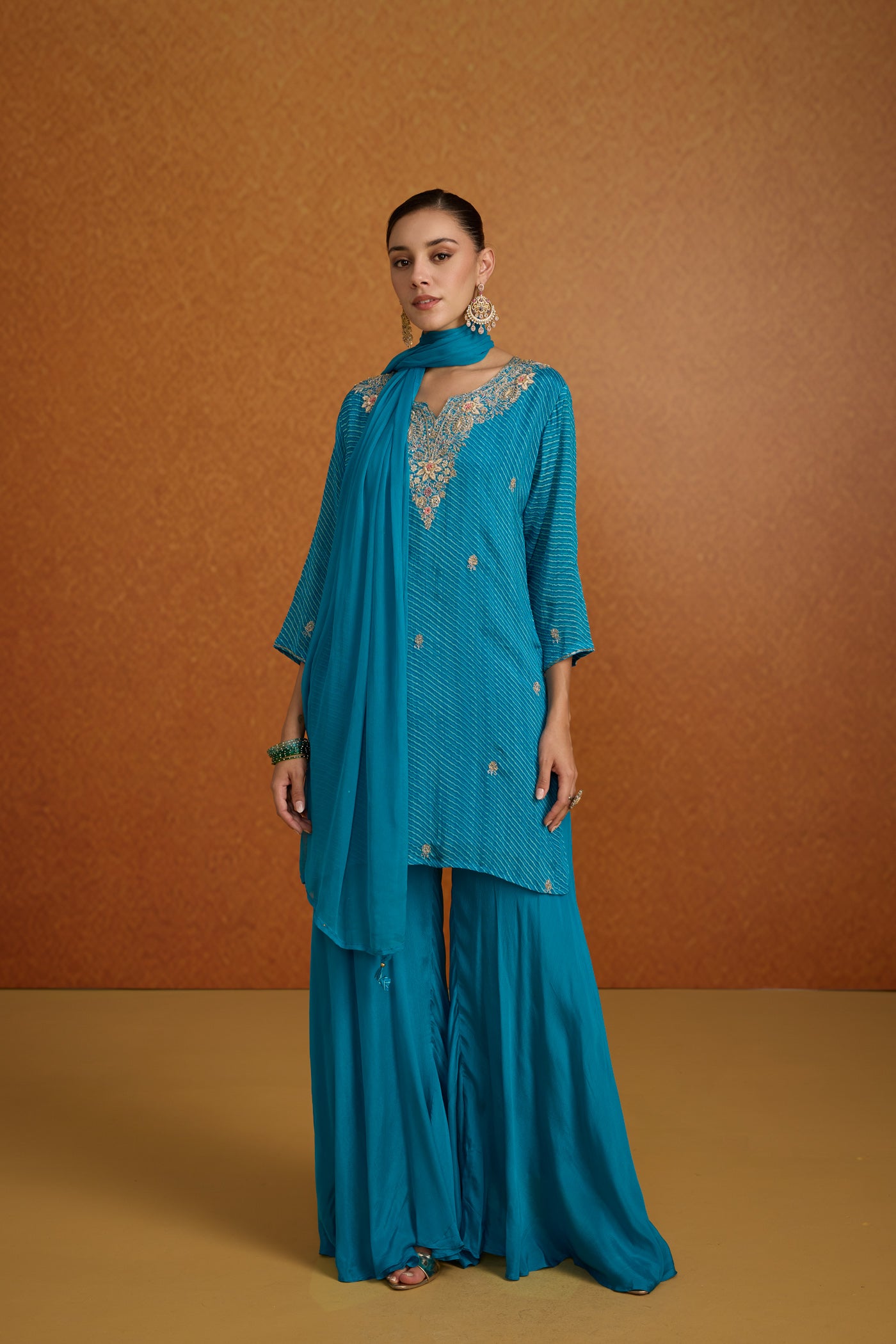Turquoise Teal Embellished Crepe Silk Palazzo Set