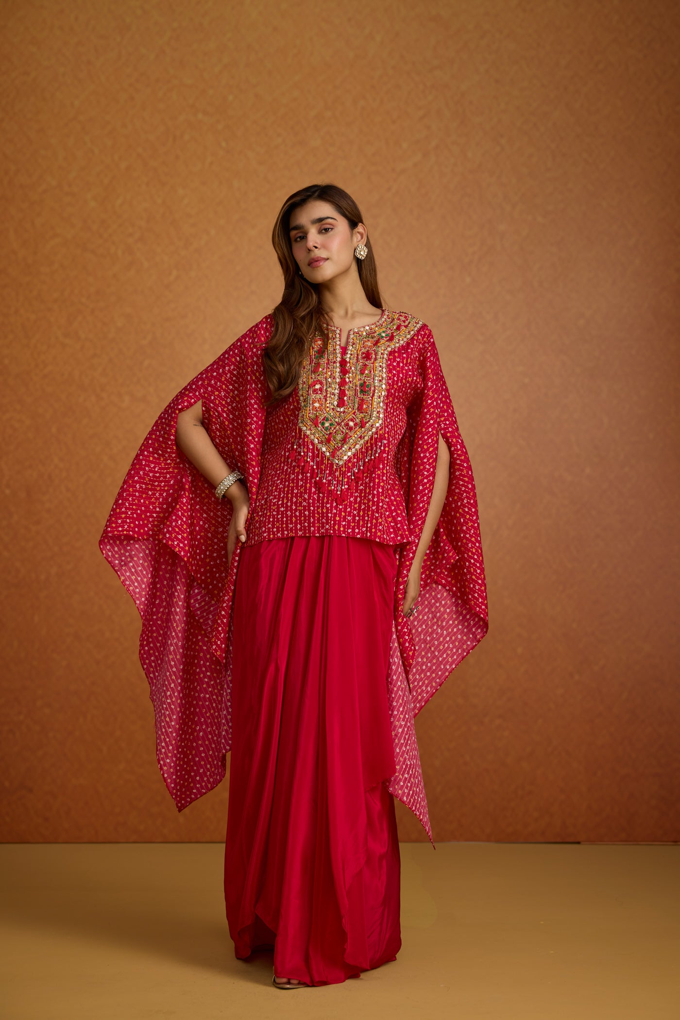 Regal Pink Embellished Crepe Silk Kaftan Skirt Set
