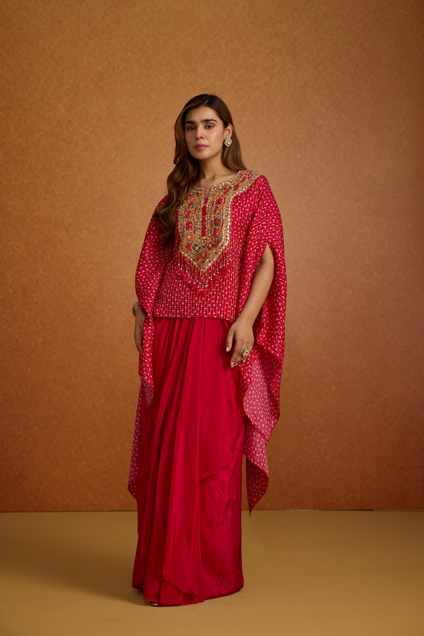 Regal Pink Embellished Crepe Silk Kaftan Skirt Set