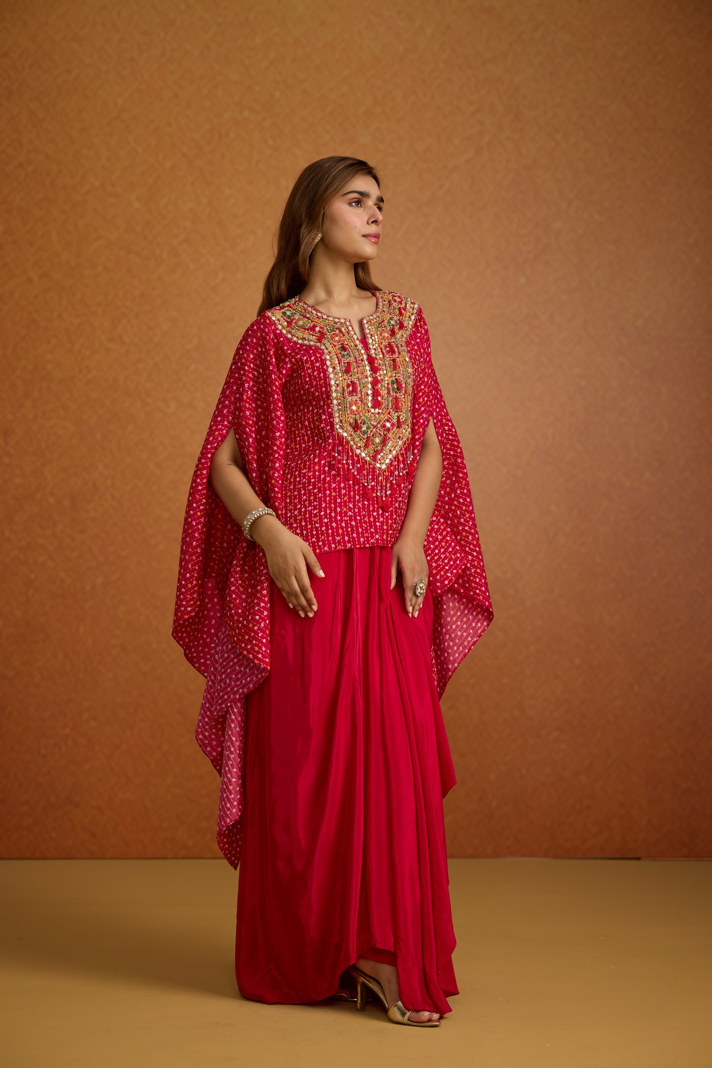 Regal Pink Embellished Crepe Silk Kaftan Skirt Set