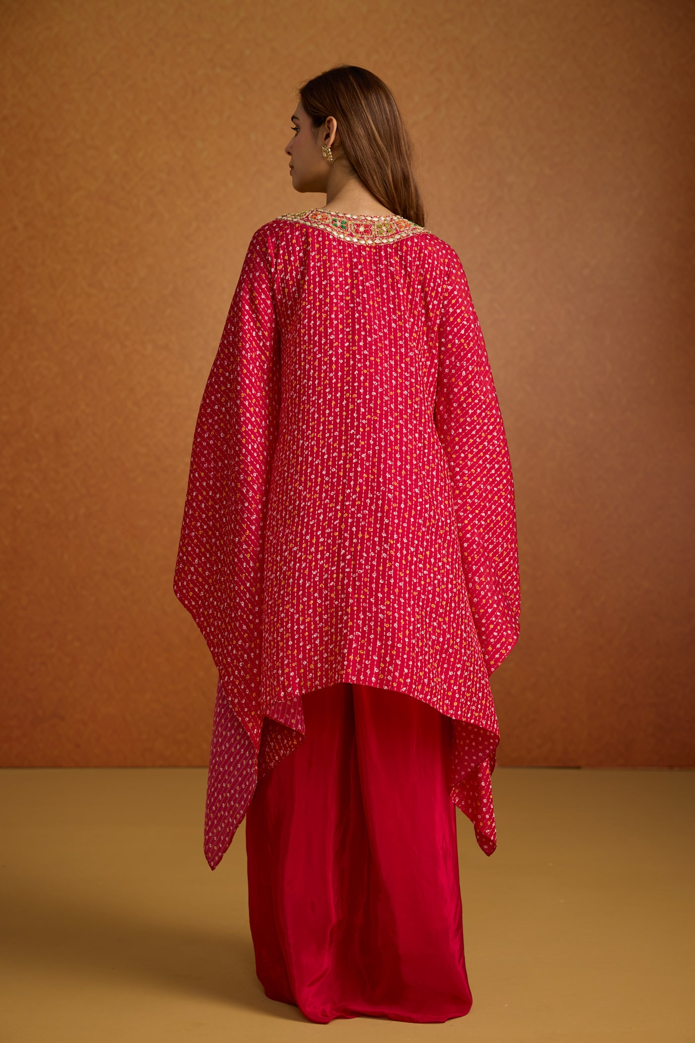 Regal Pink Embellished Crepe Silk Kaftan Skirt Set