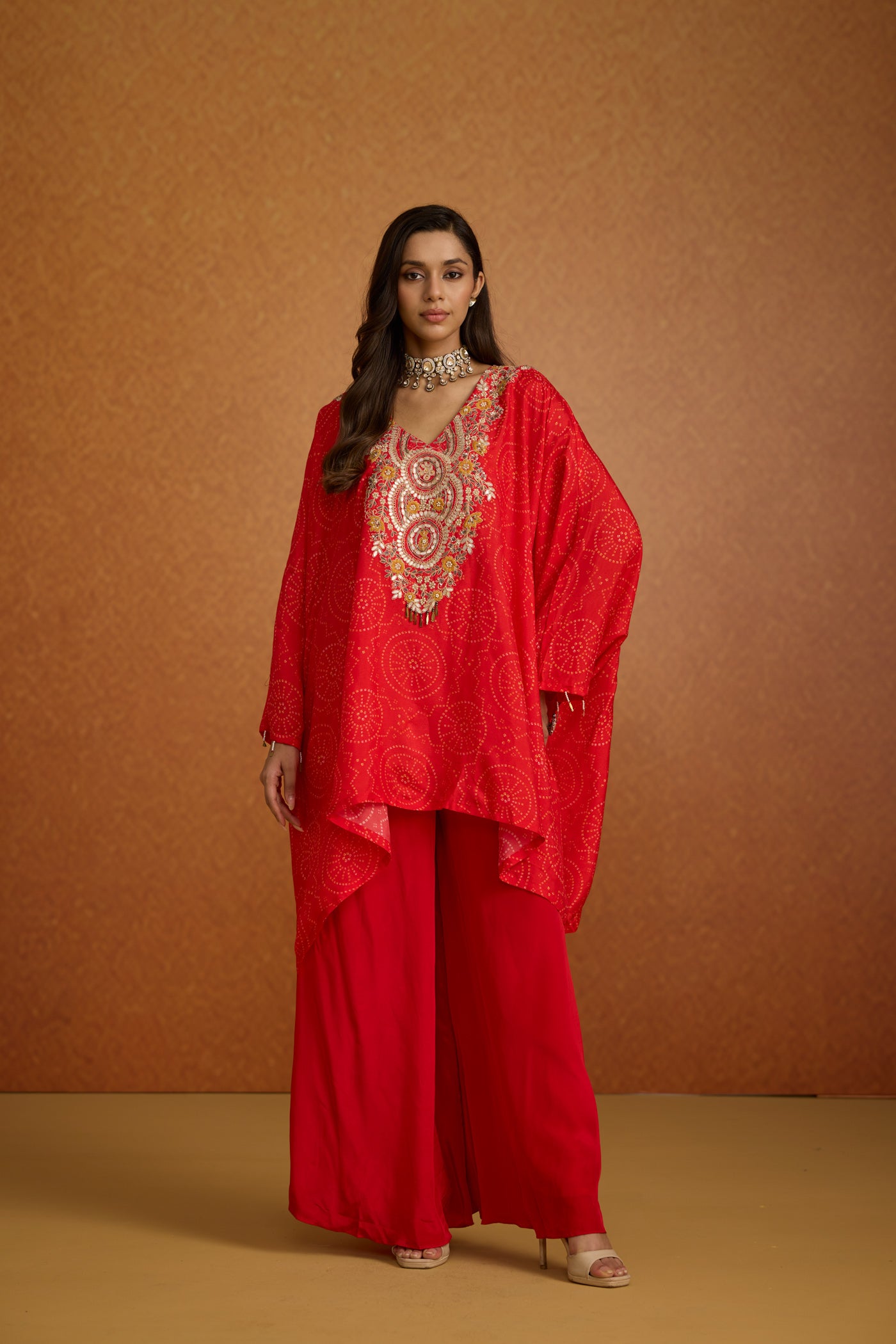 Poppy Red Embellished Crepe Silk Kaftan Set