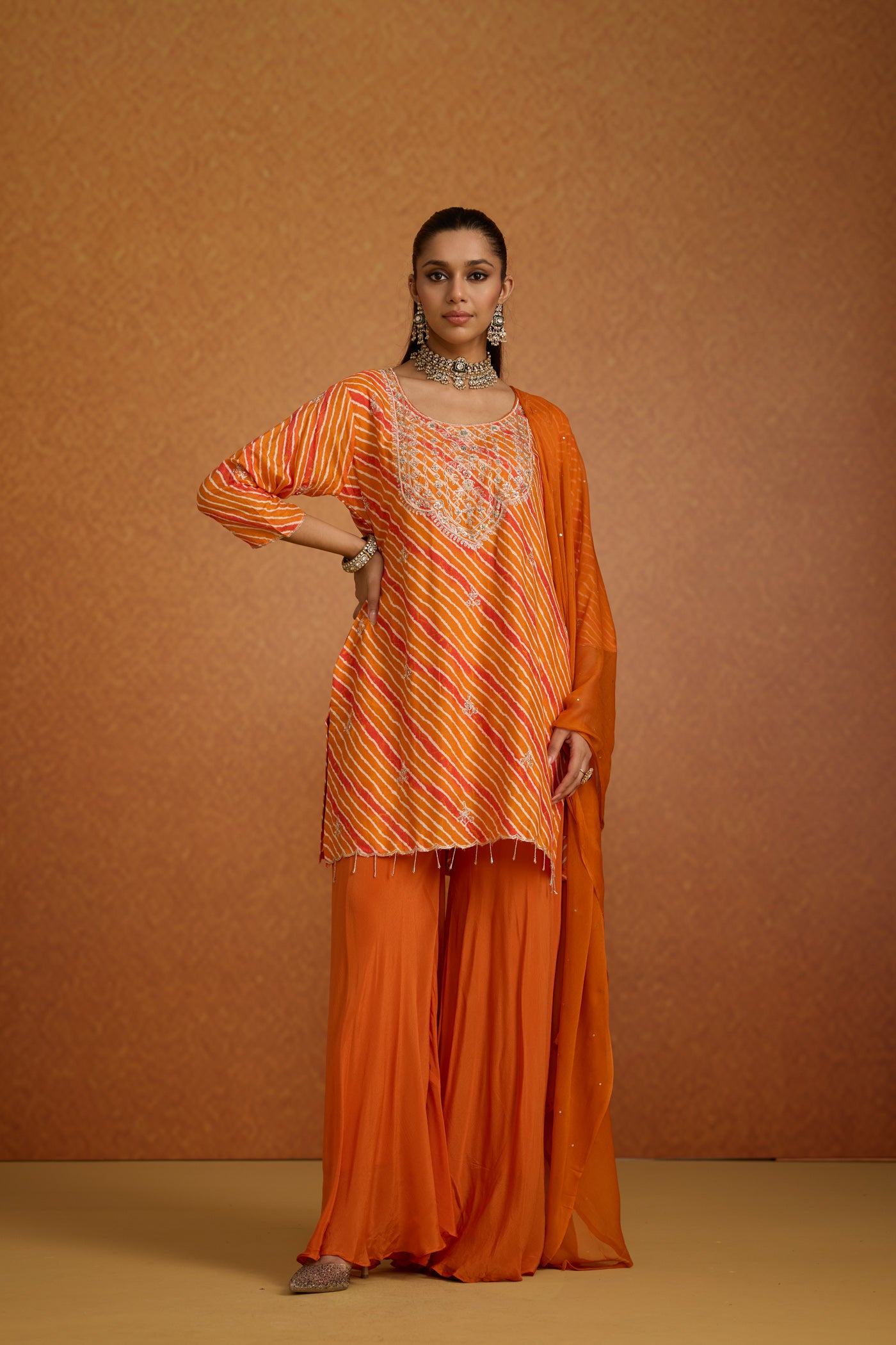 Citrus Embellished Leheriya Crepe Silk Palazzo Set