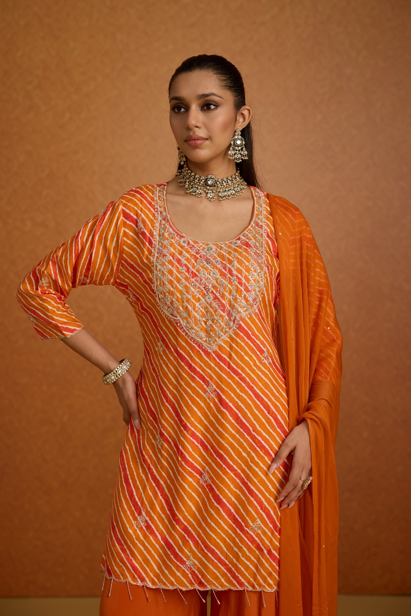 Citrus Embellished Leheriya Crepe Silk Palazzo Set