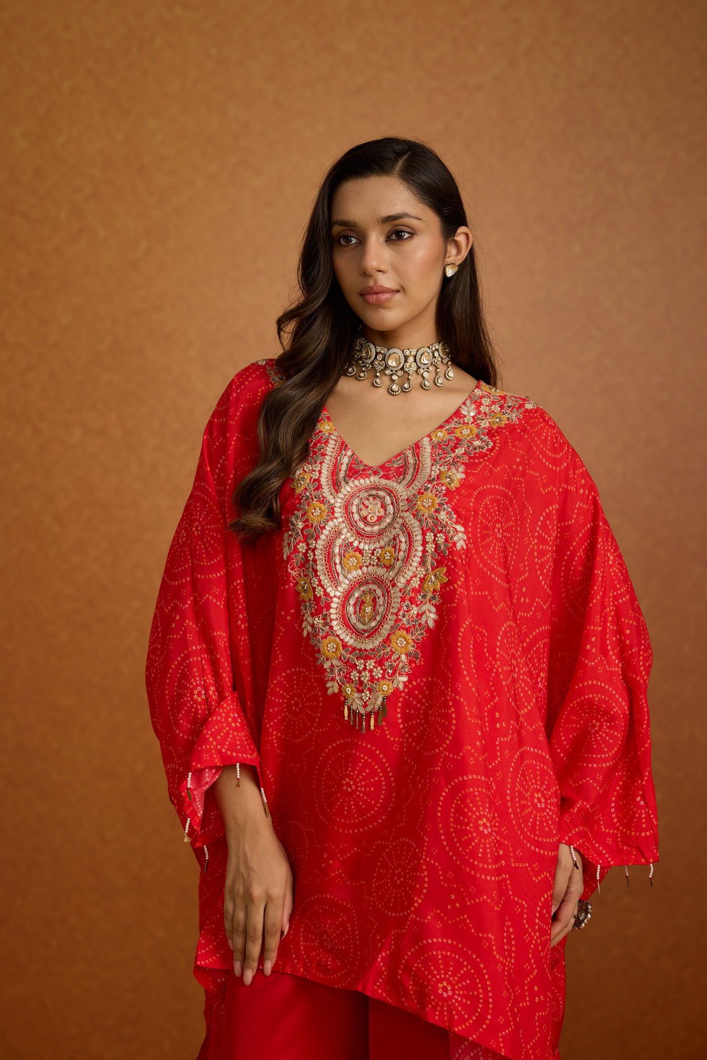 Poppy Red Embellished Crepe Silk Kaftan Set