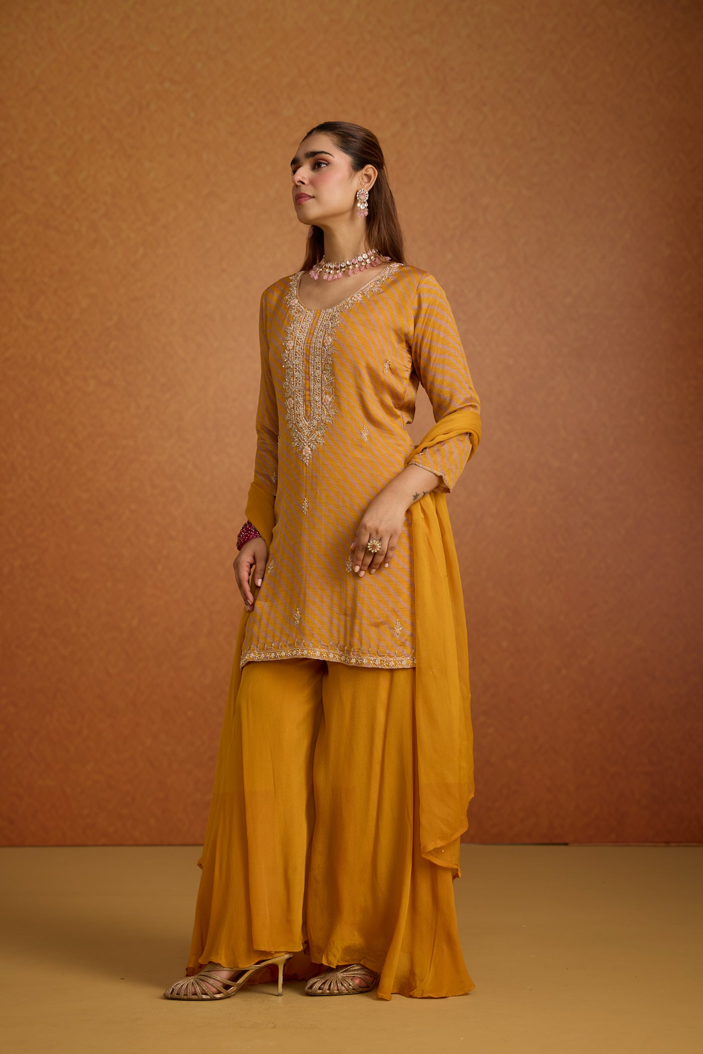 Muted Mustard Embellished Crepe Silk Palazzo Set