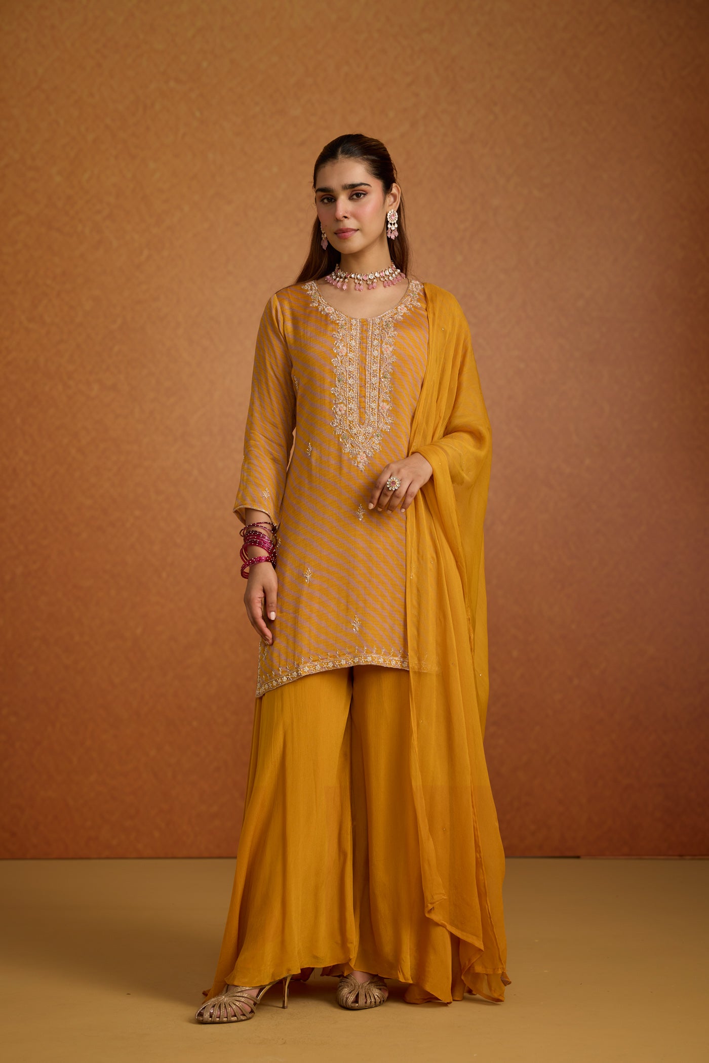 Muted Mustard Embellished Crepe Silk Palazzo Set