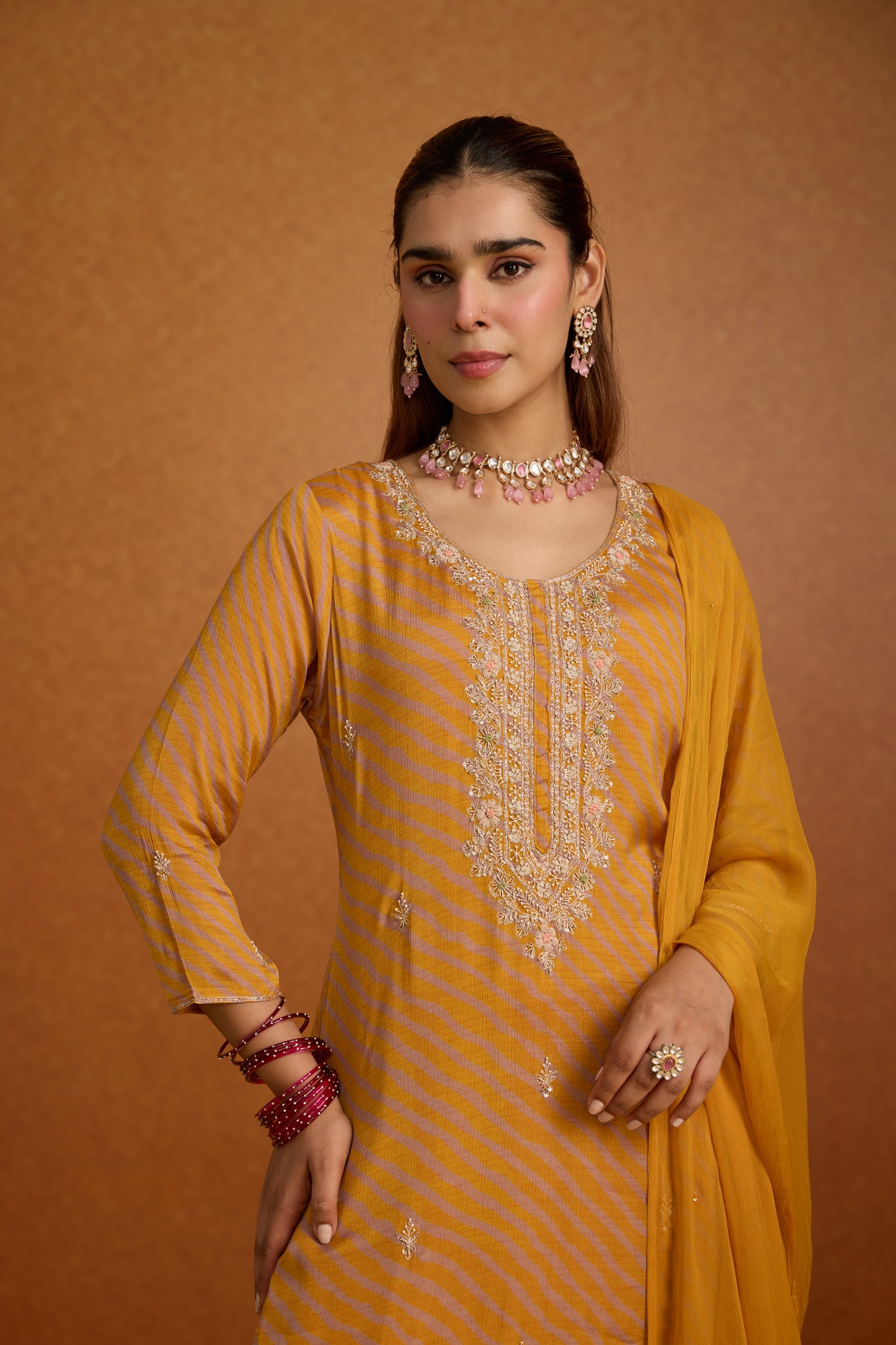 Muted Mustard Embellished Crepe Silk Palazzo Set