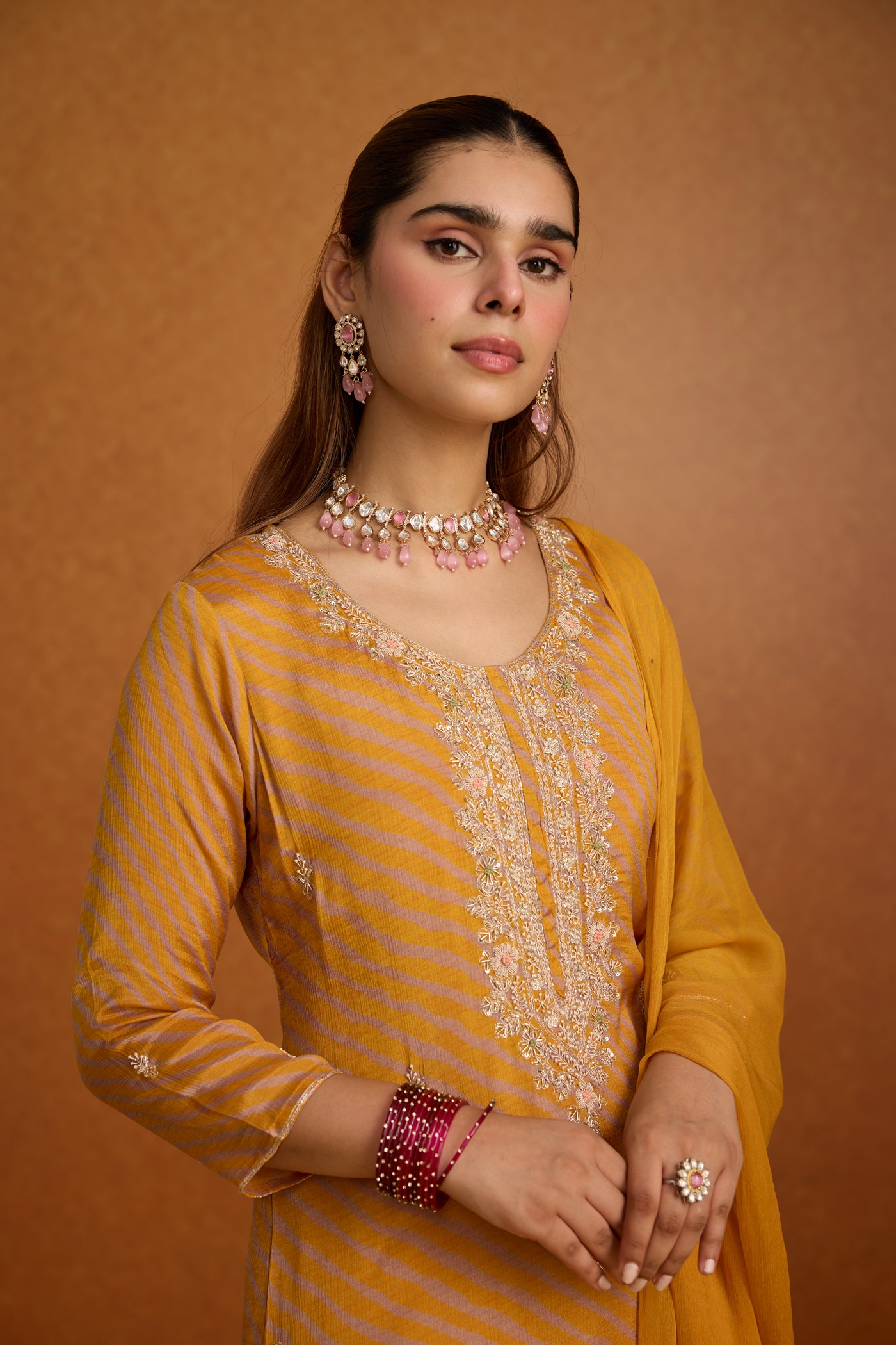Muted Mustard Embellished Crepe Silk Palazzo Set