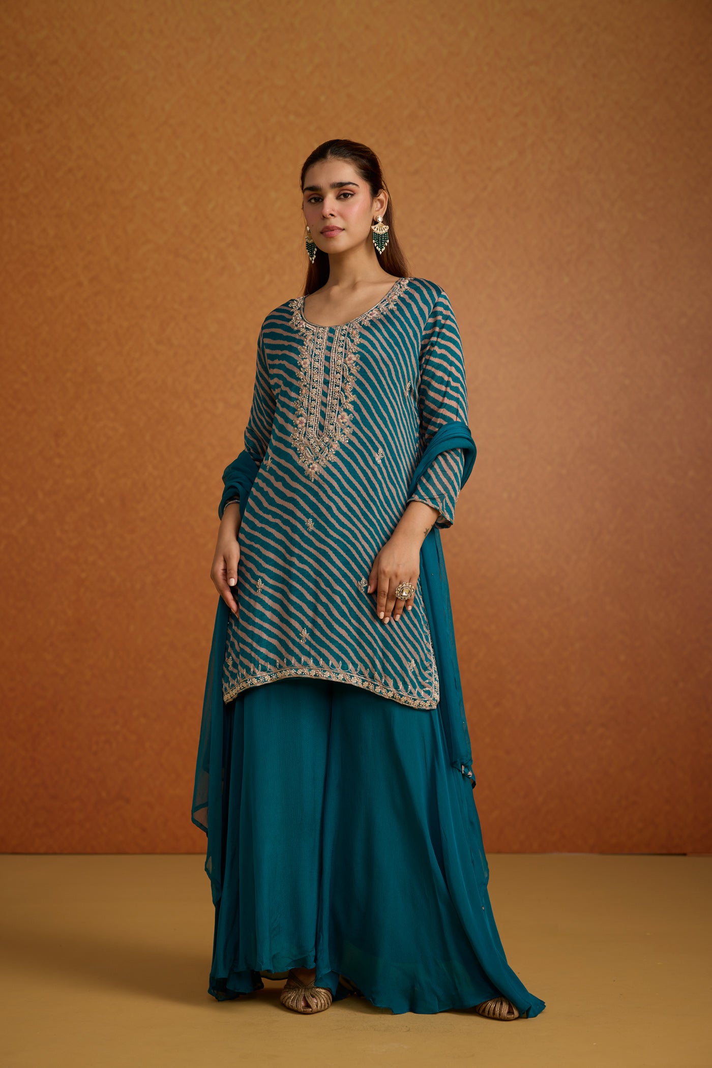 Teal Peacock Embellished Crepe Silk Palazzo Set