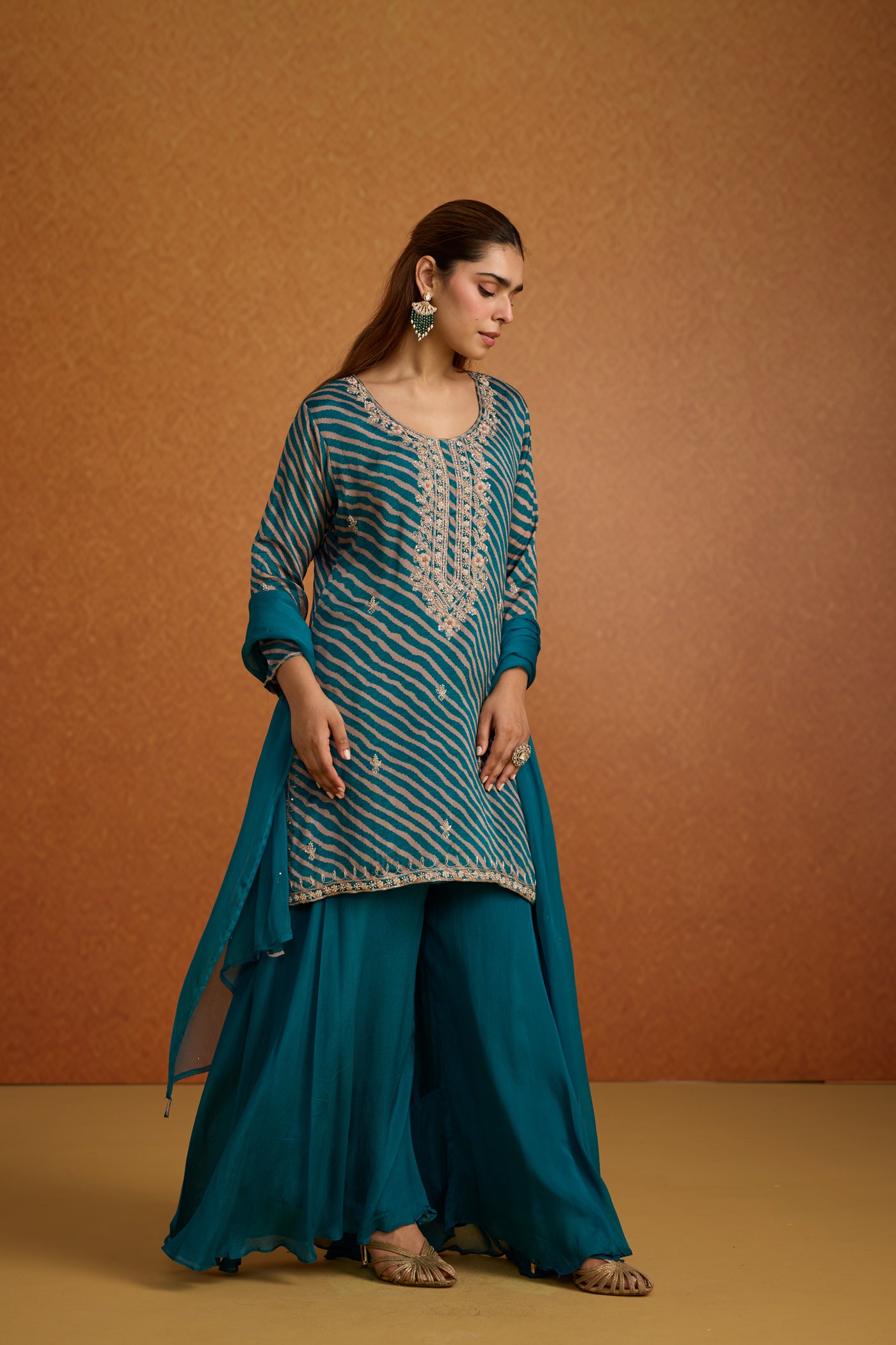 Teal Peacock Embellished Crepe Silk Palazzo Set