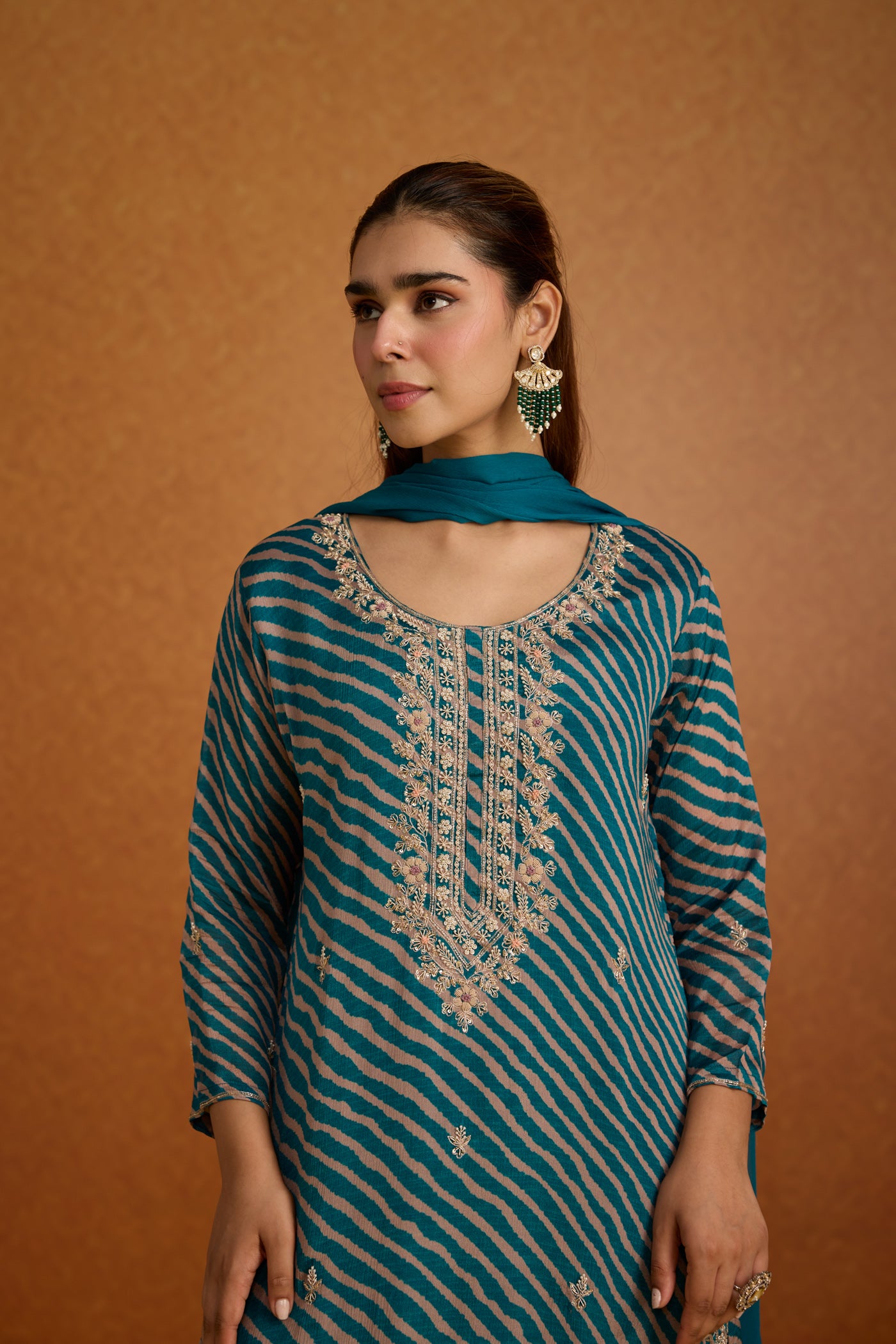 Teal Peacock Embellished Crepe Silk Palazzo Set