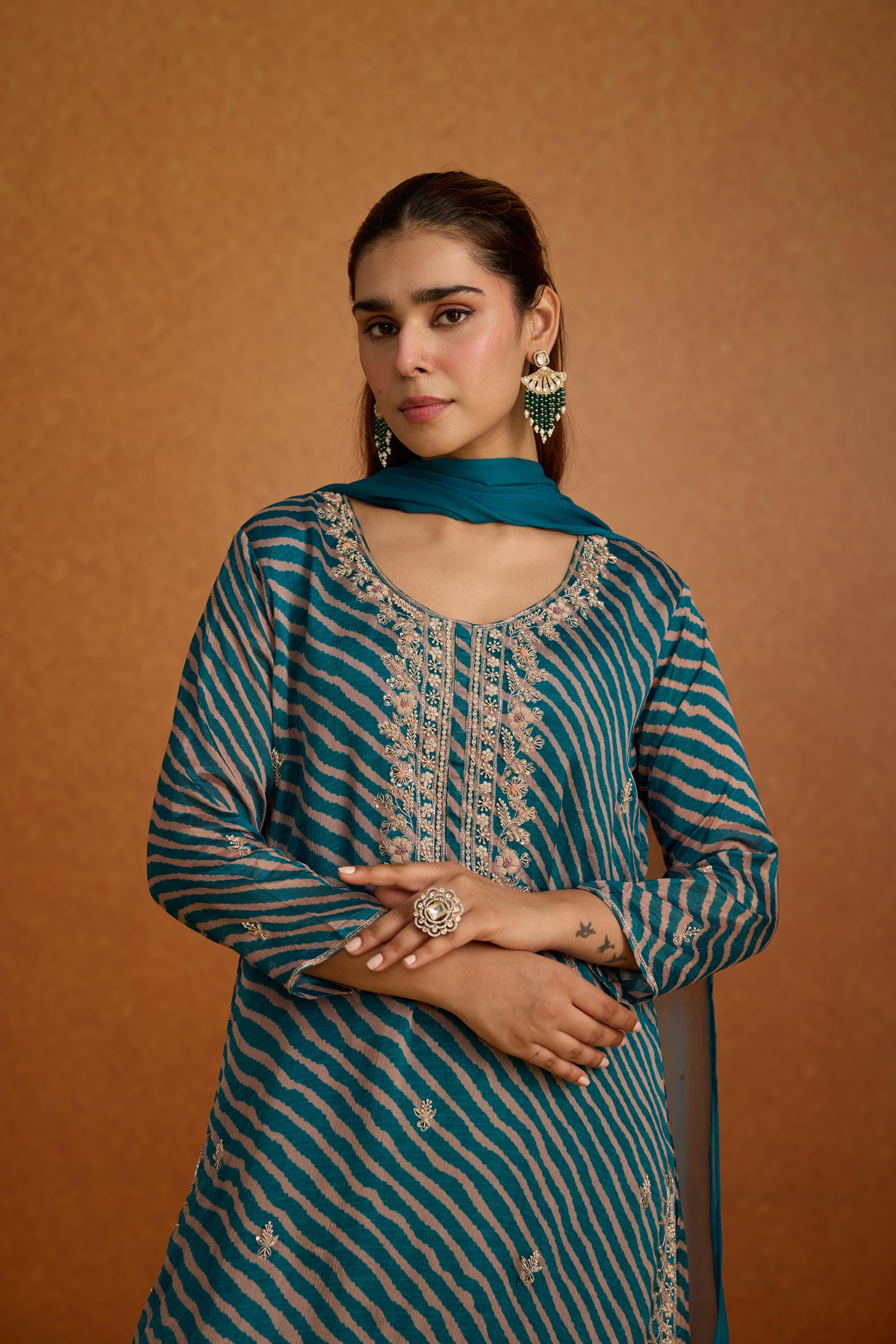 Teal Peacock Embellished Crepe Silk Palazzo Set