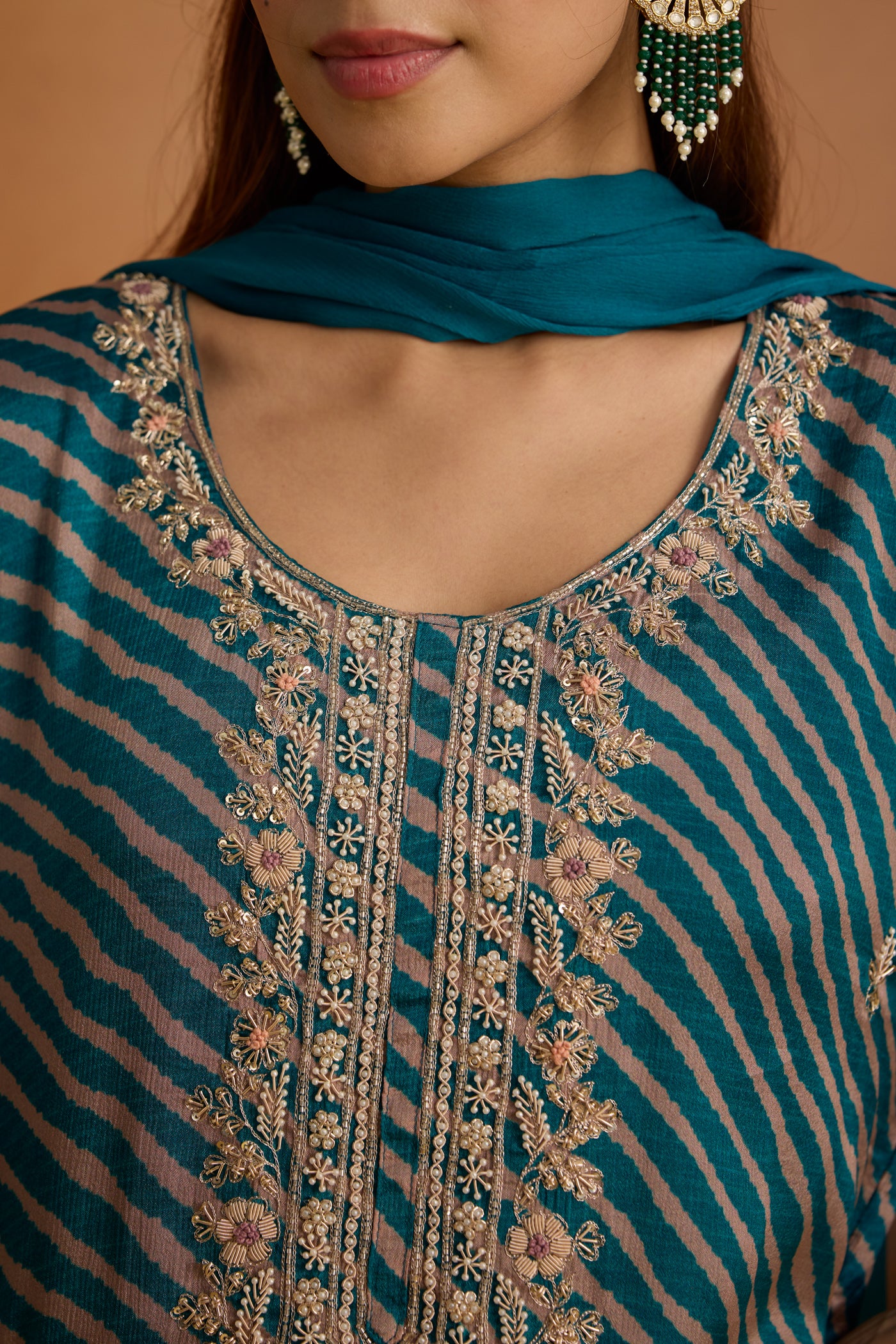 Teal Peacock Embellished Crepe Silk Palazzo Set