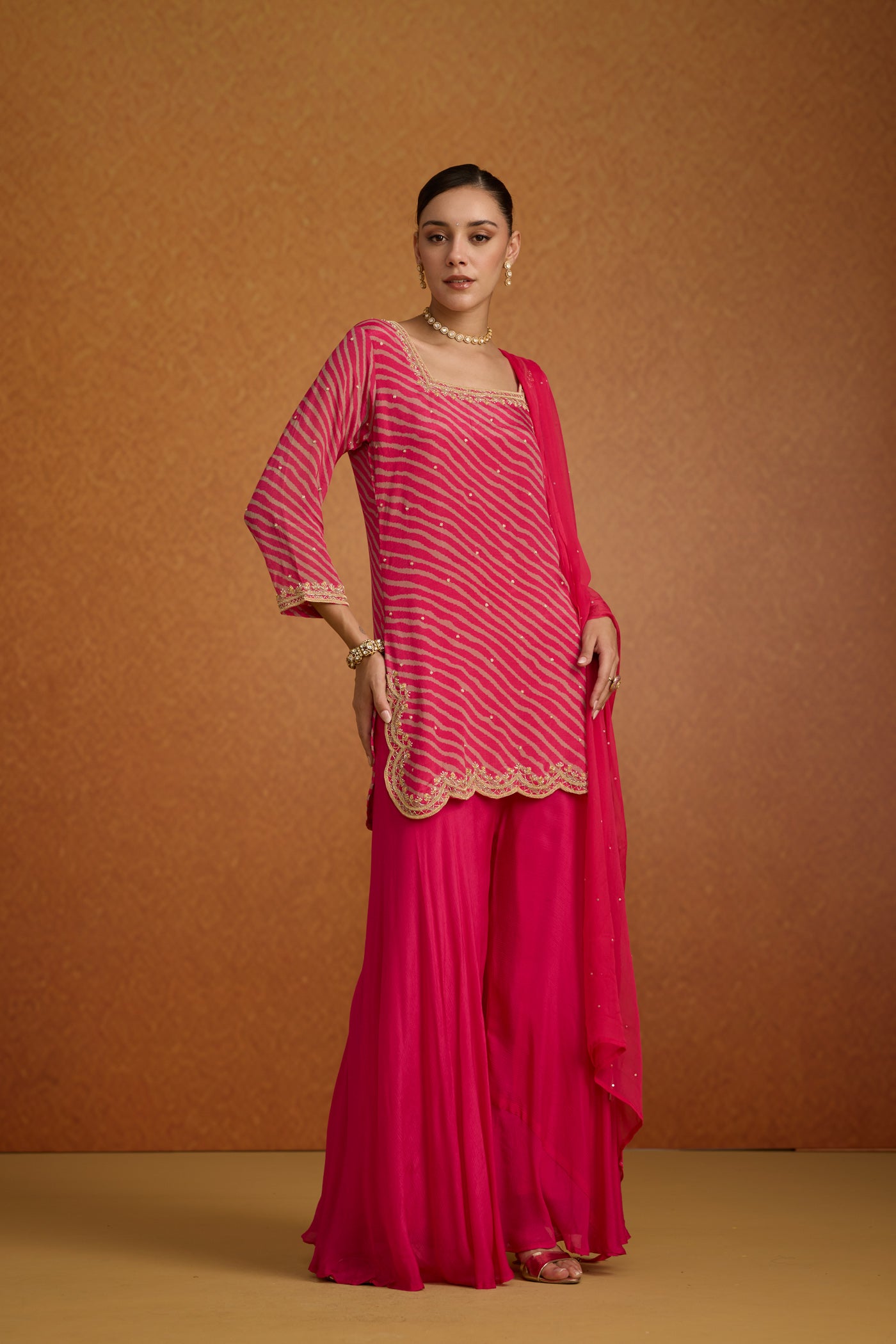 Magenta Pink Embellished Lehriya Chinon Silk Palazzo Set