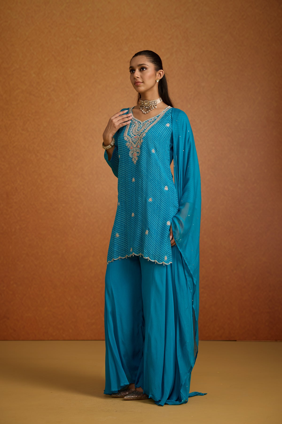 Teal Blue Embellished Leheriya Crepe Silk Palazzo Set