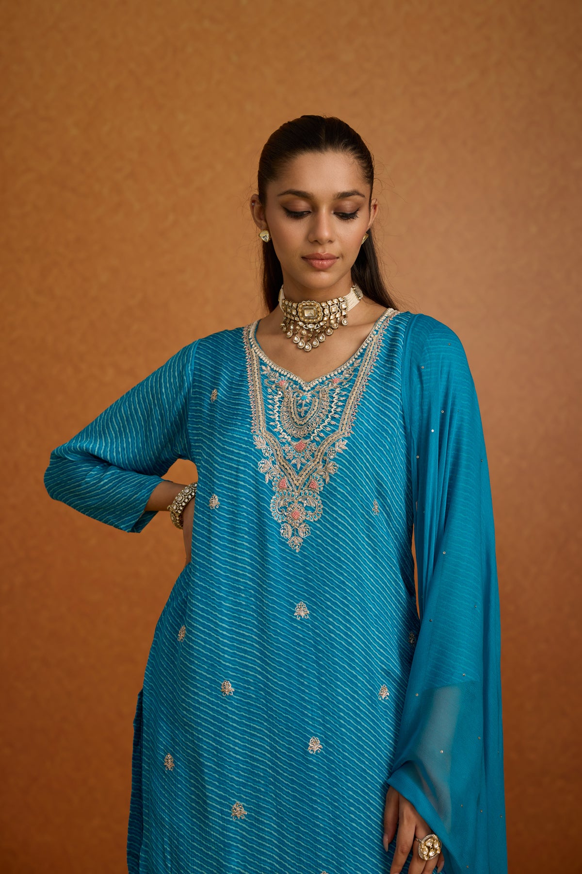 Teal Blue Embellished Leheriya Crepe Silk Palazzo Set