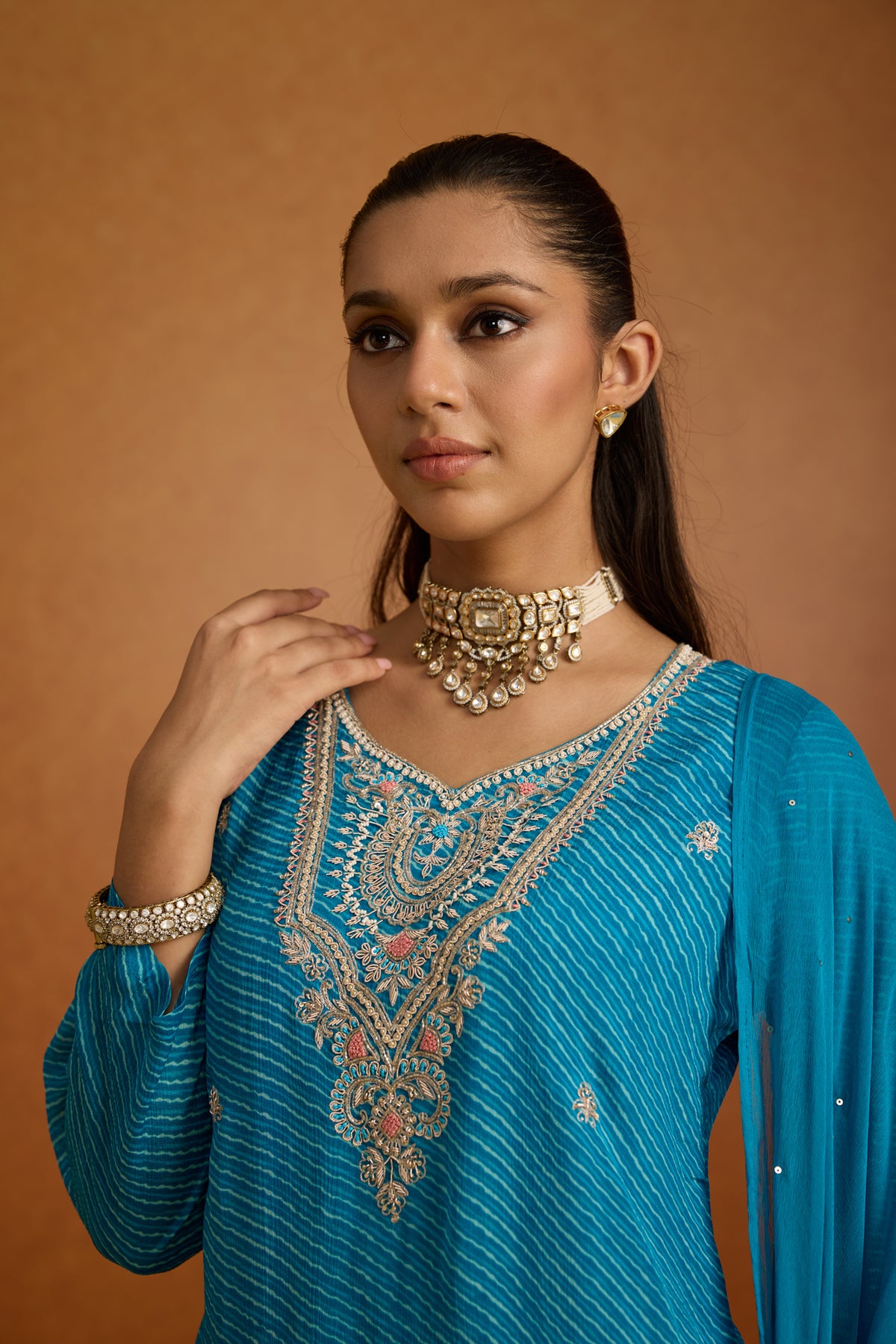 Teal Blue Embellished Leheriya Crepe Silk Palazzo Set
