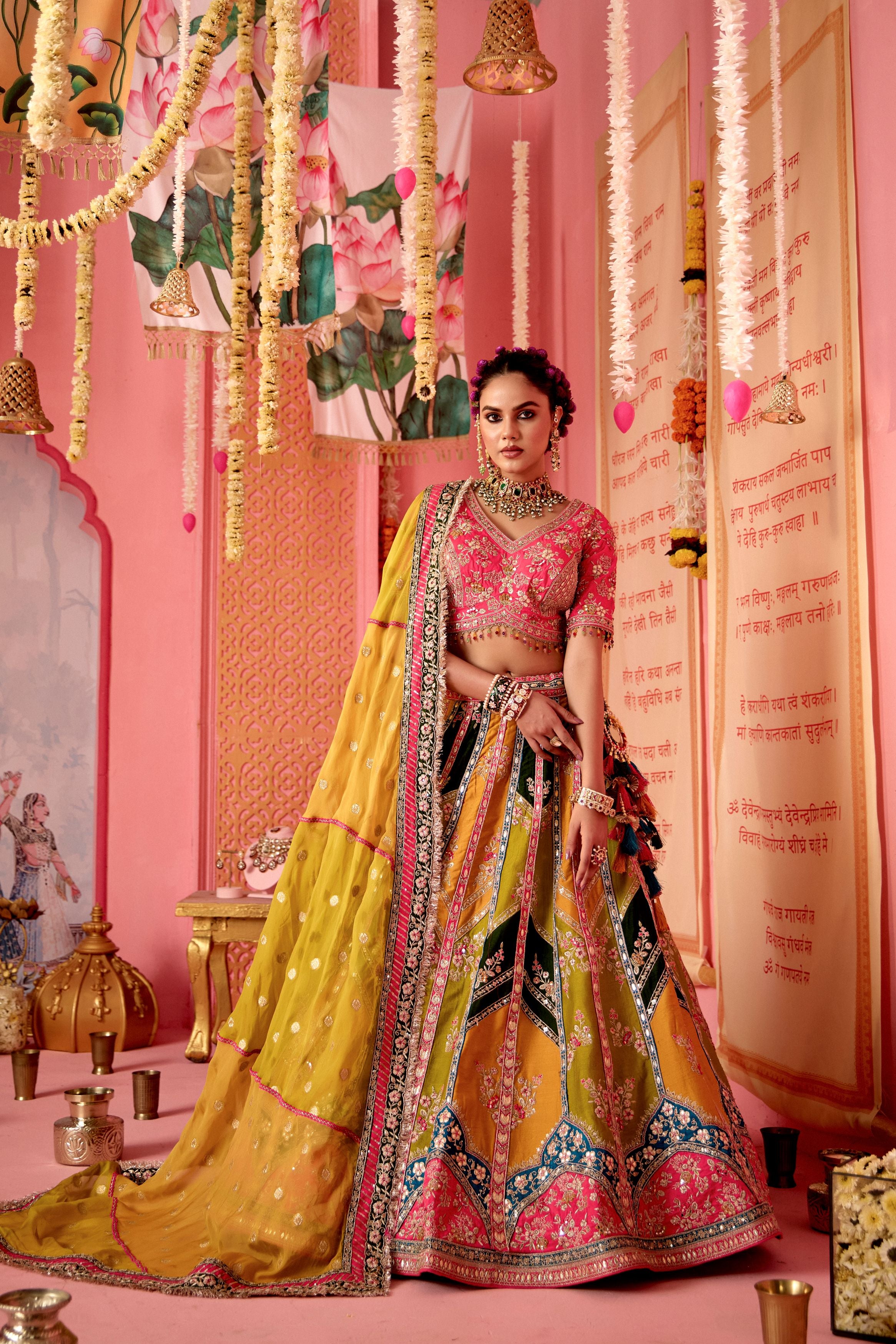 Yellow Multi Color Embellished Banarasi Silk Lehenga Set