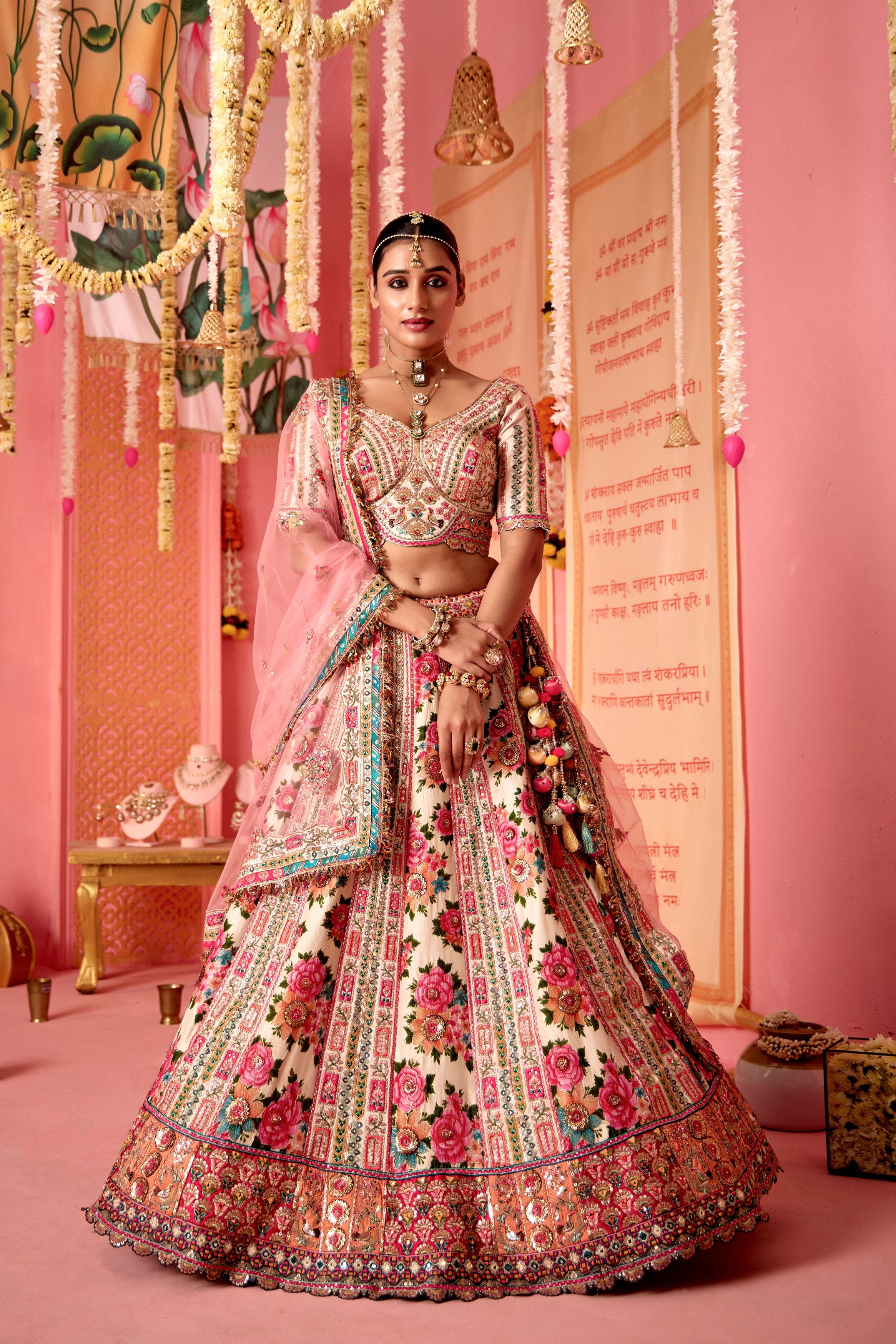 Multi Color Floral Embellished Pure Silk Lehenga Set