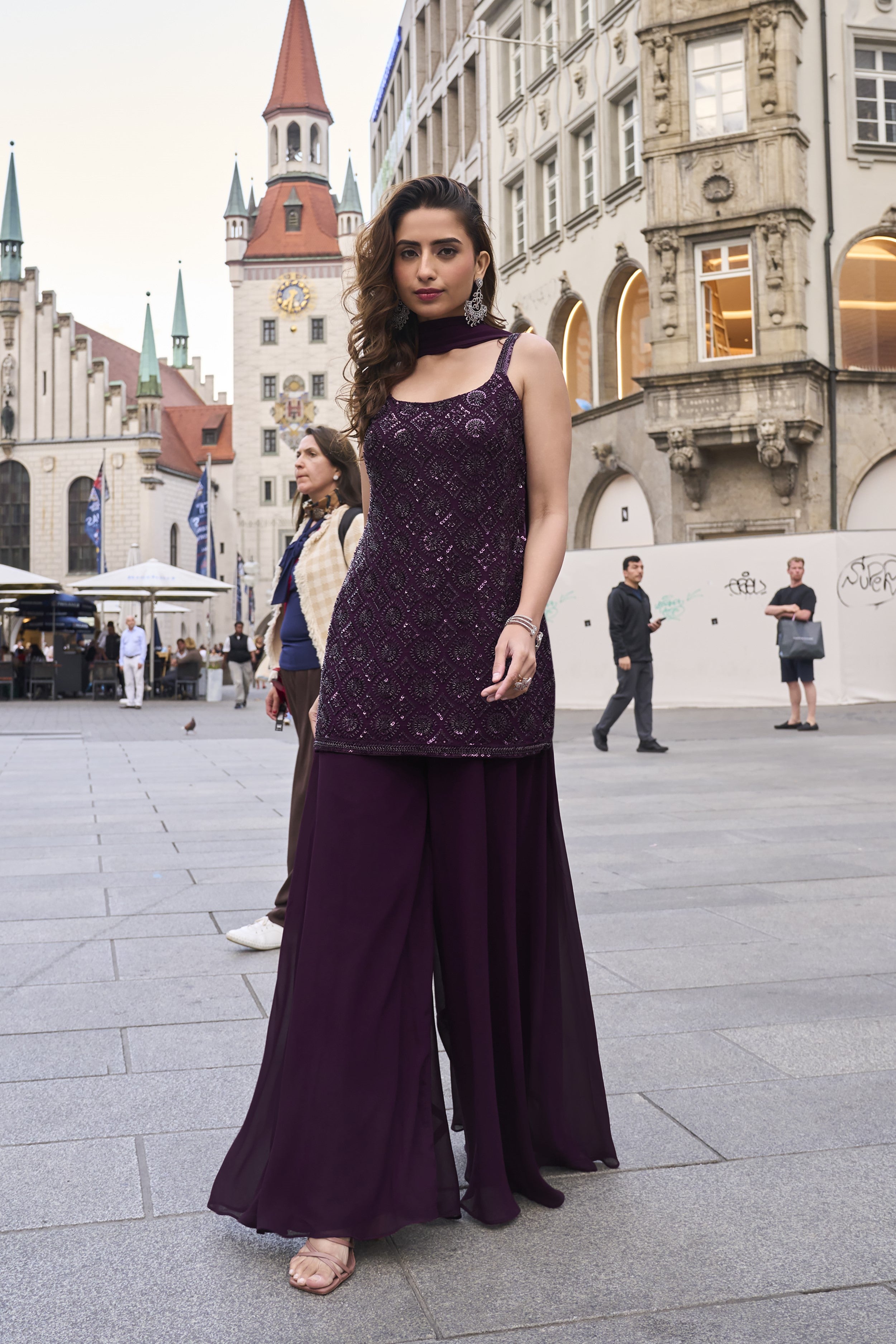 Wine Embellished Palazzo Set