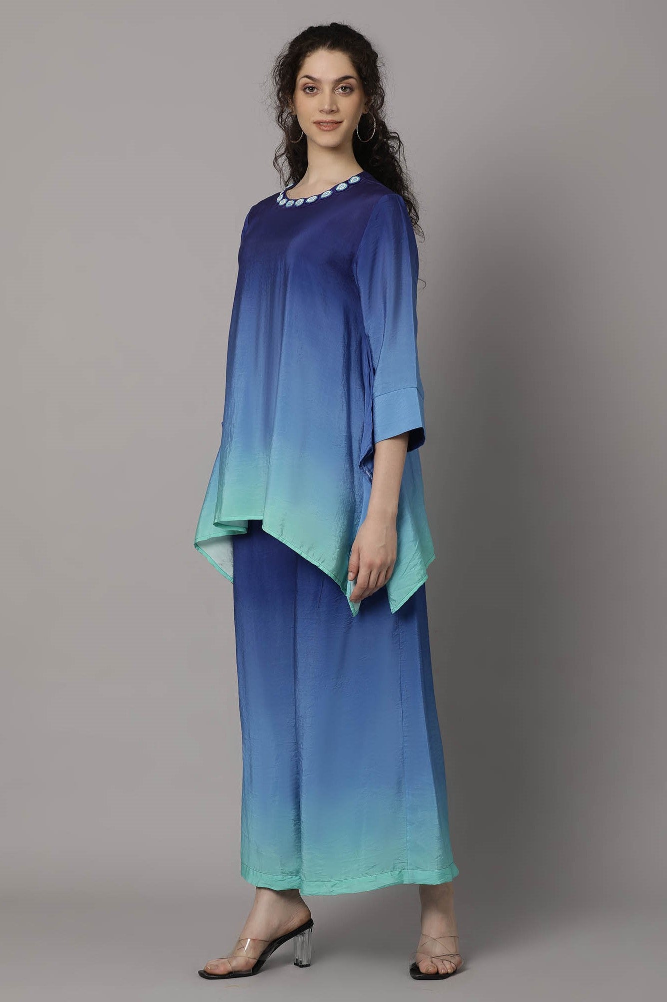 Blue Ombre-Dyed German Silk Co-Ord Set