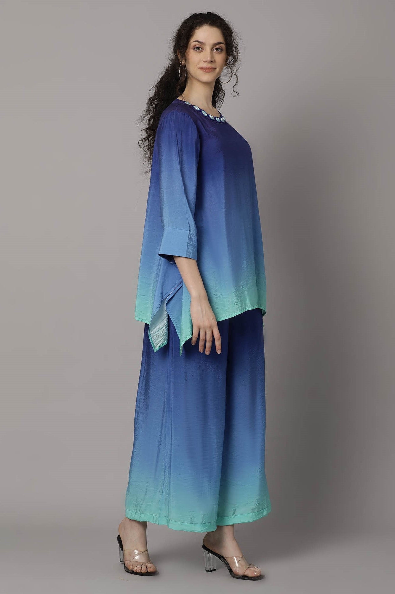 Blue Ombre-Dyed German Silk Co-Ord Set