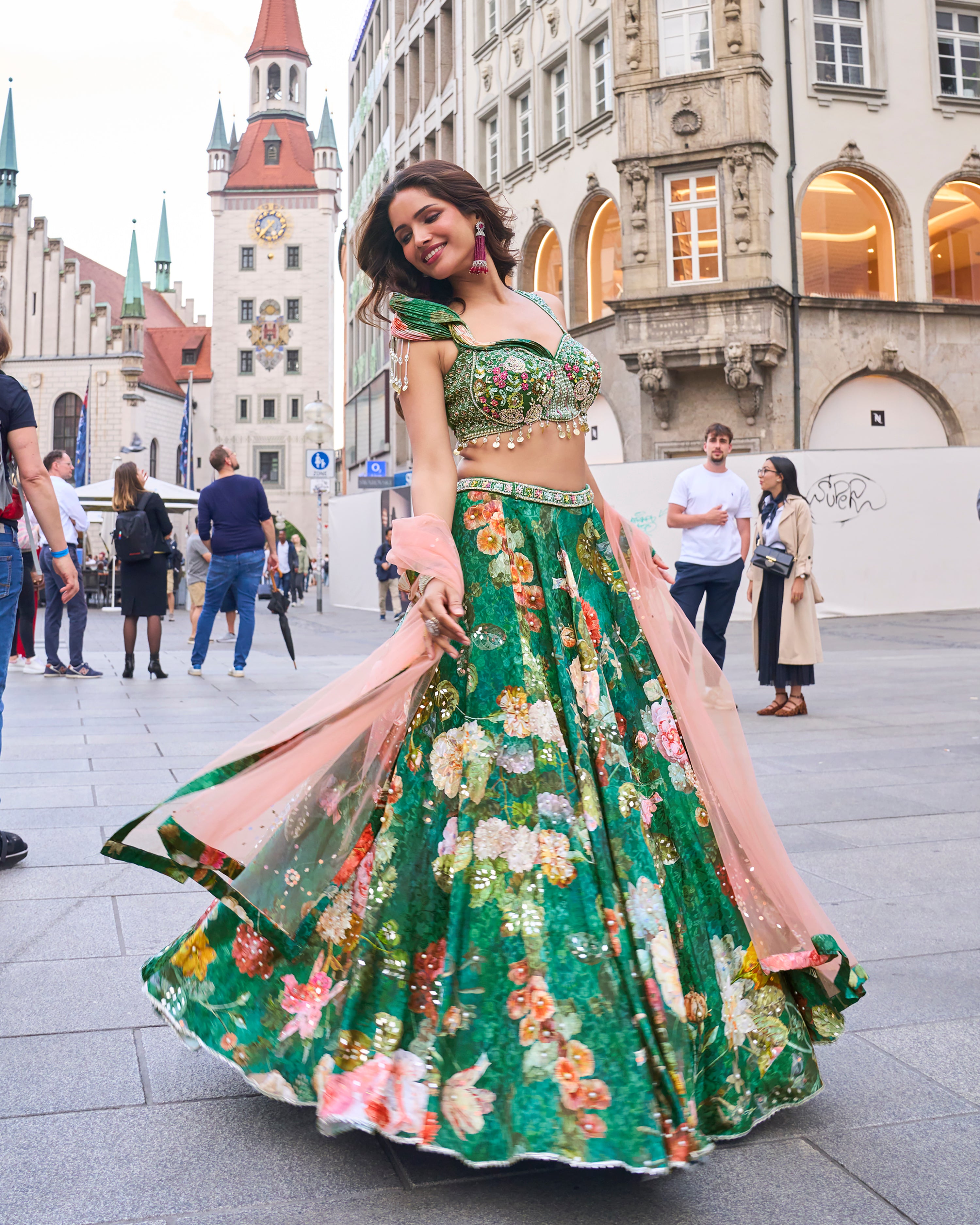 Emerald Green Embellished Satin Silk Lehenga Set