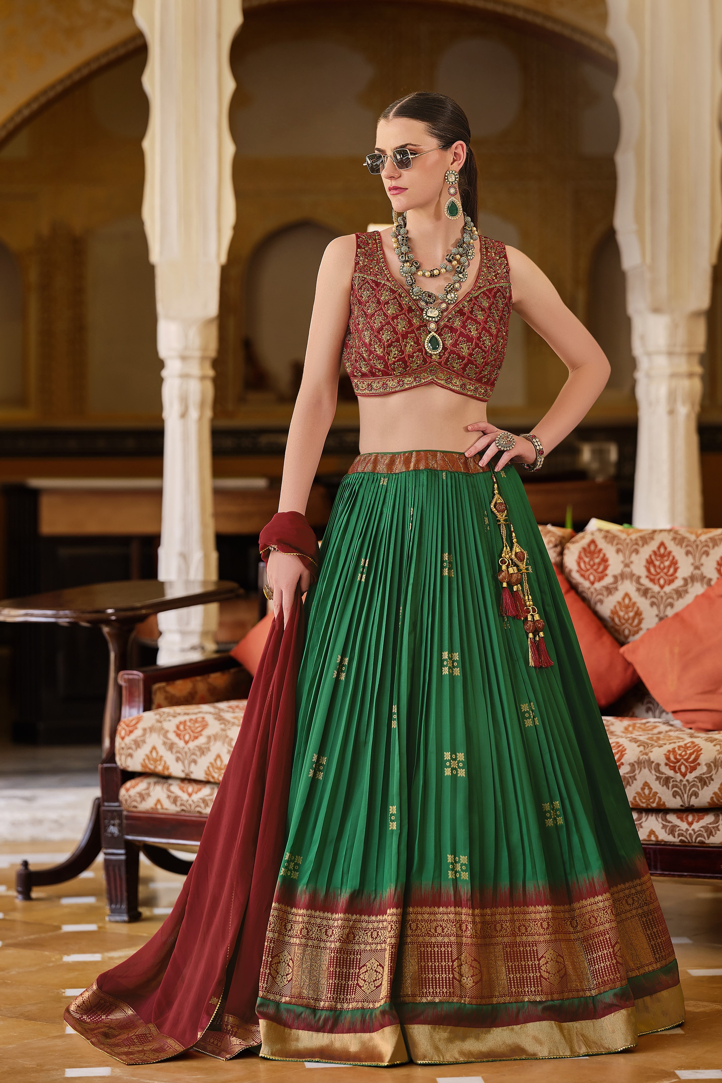 Green Golden Banarasi Silk Lehenga Set