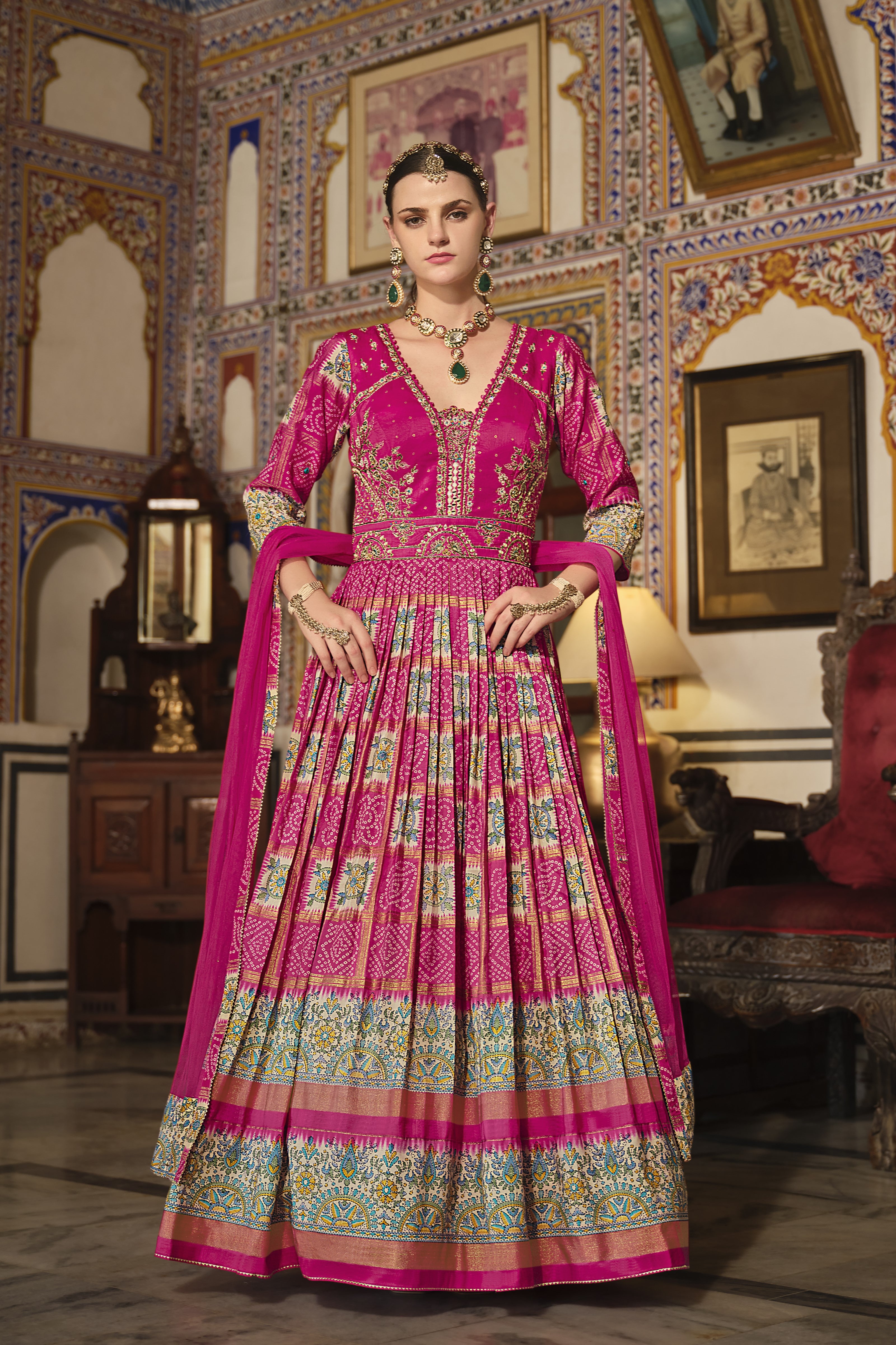 Pink Bandhani Printed Premium Silk Anarkali Set