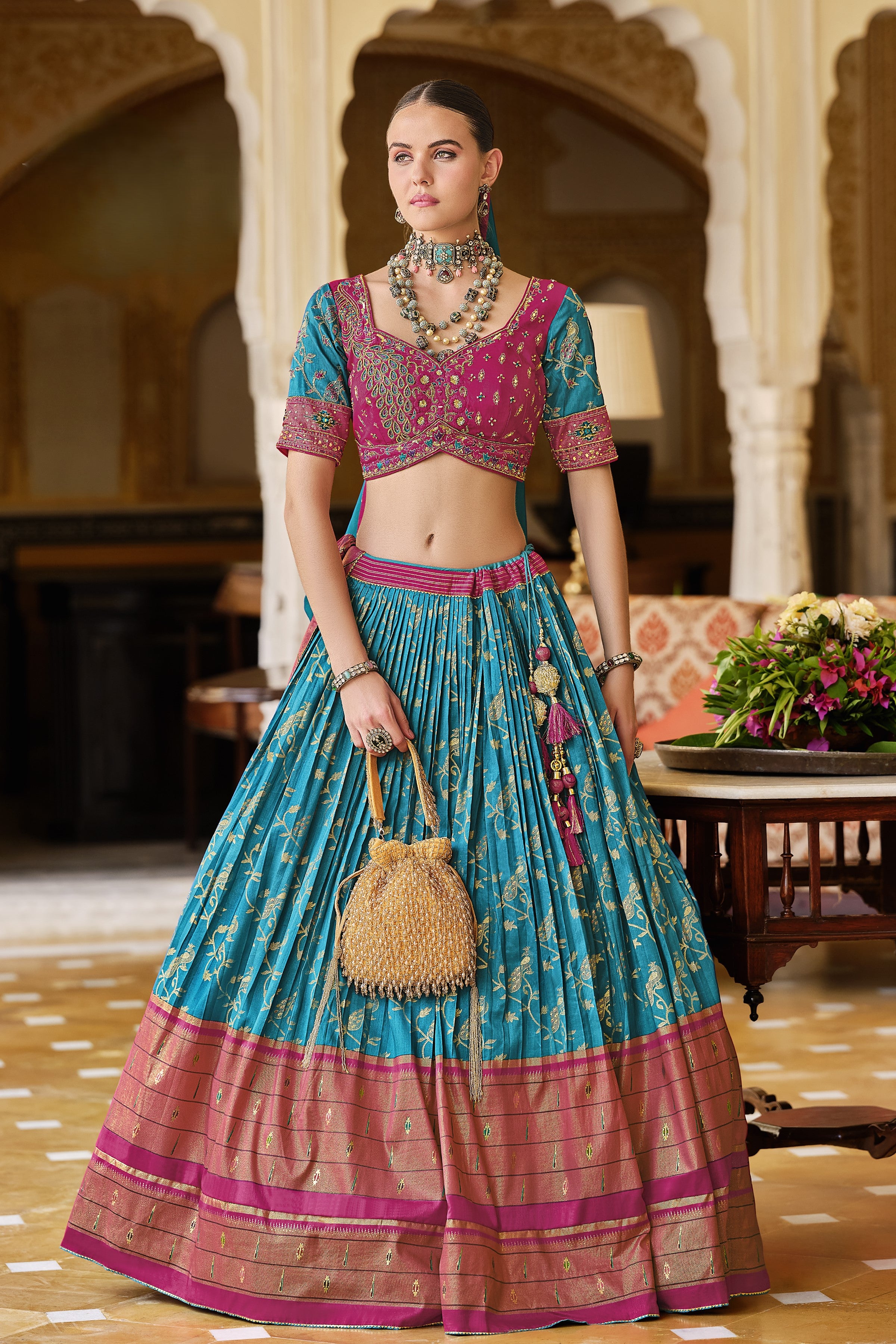 Ocean Blue Floral Printed Premium Silk Lehenga Set