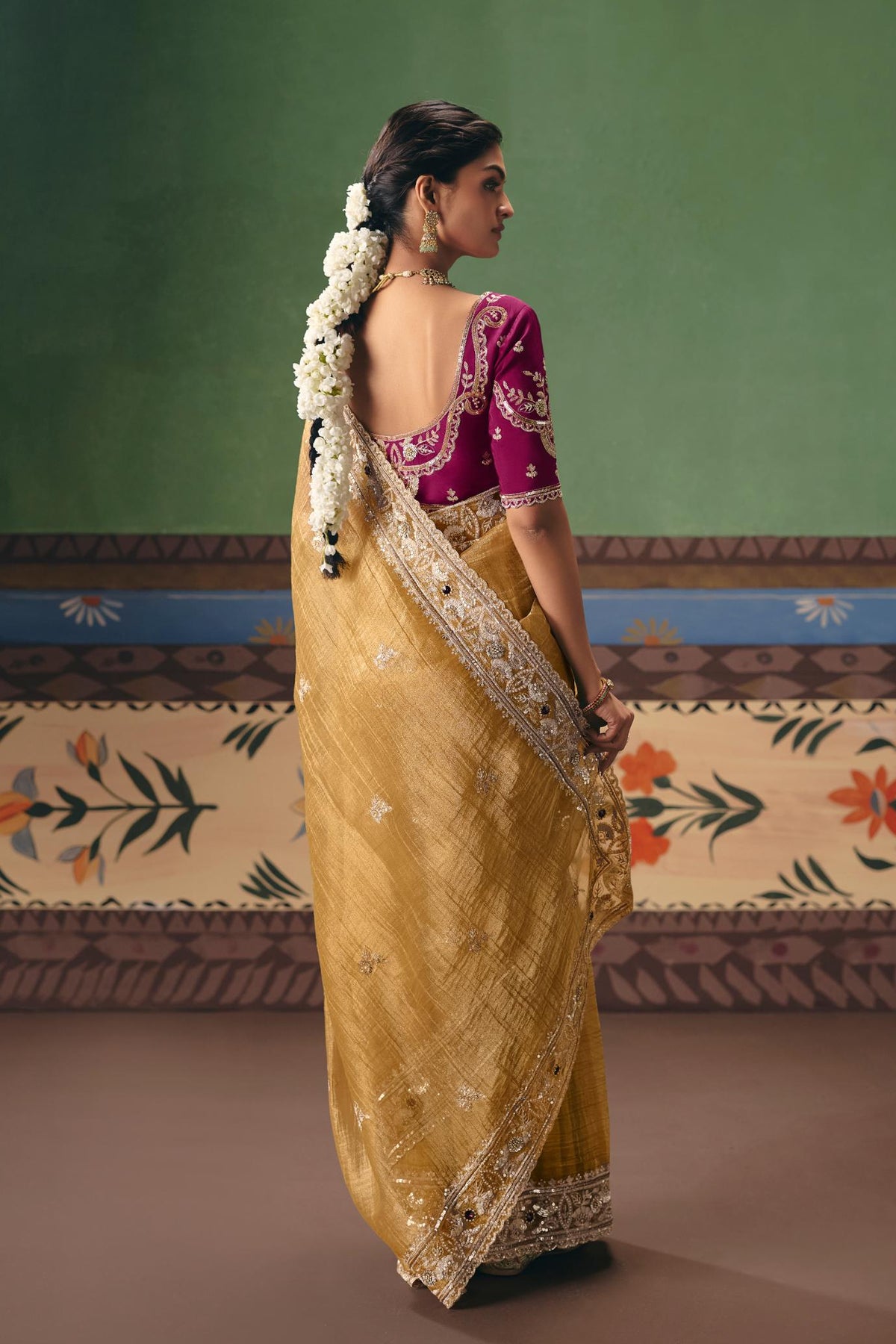 Mustard Ochre Embellished Tissue Organza Silk Saree