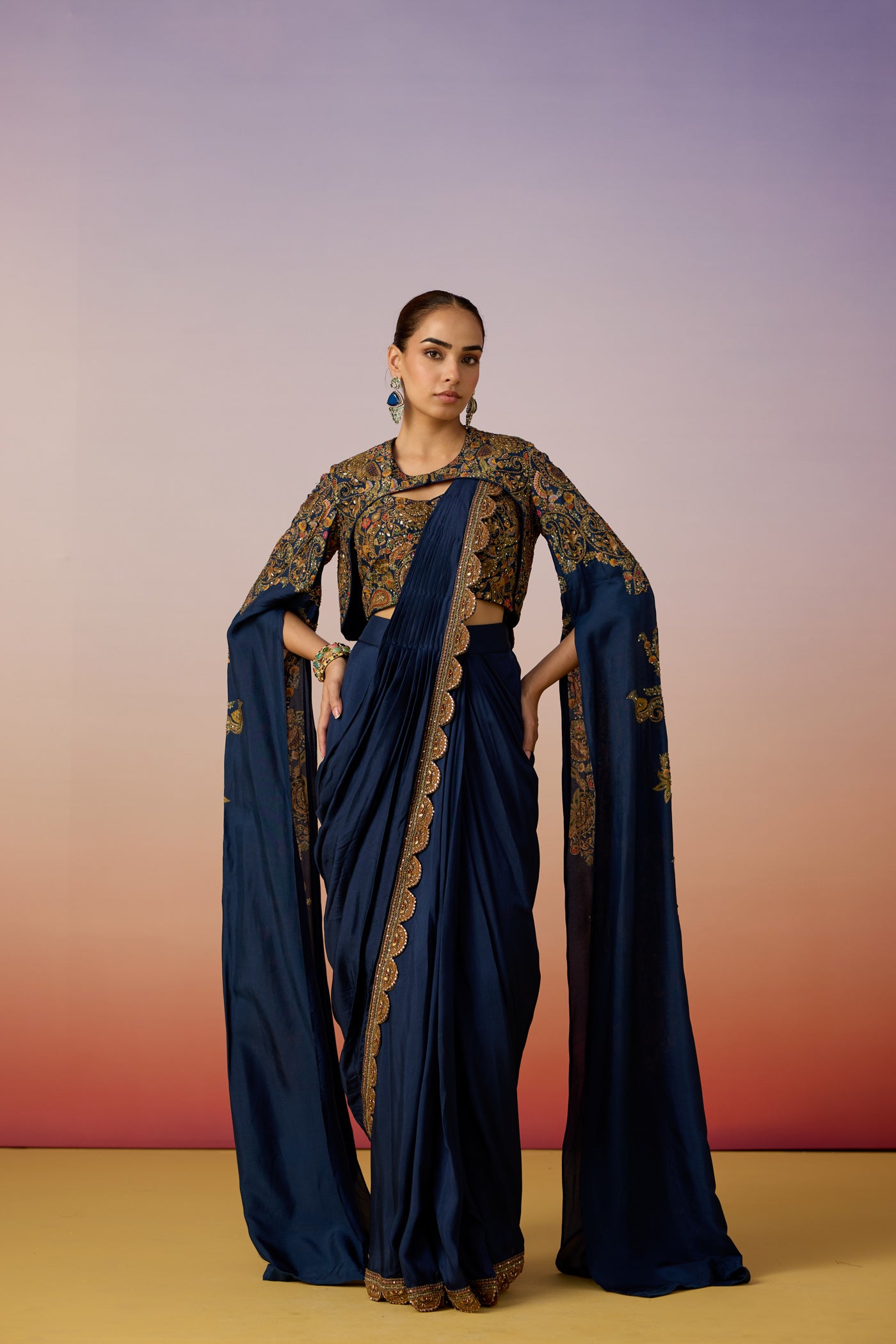 Classic Blue Embellished Dola Silk Cape Saree