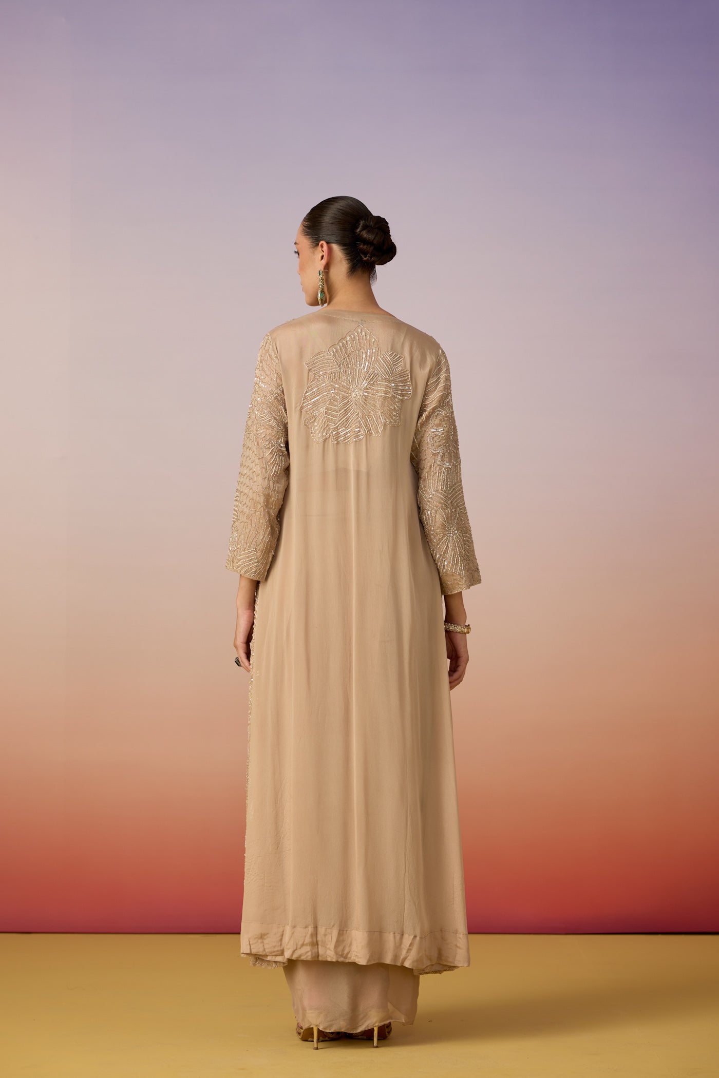 Sand Beige Embellished Chinon Silk Skirt Set