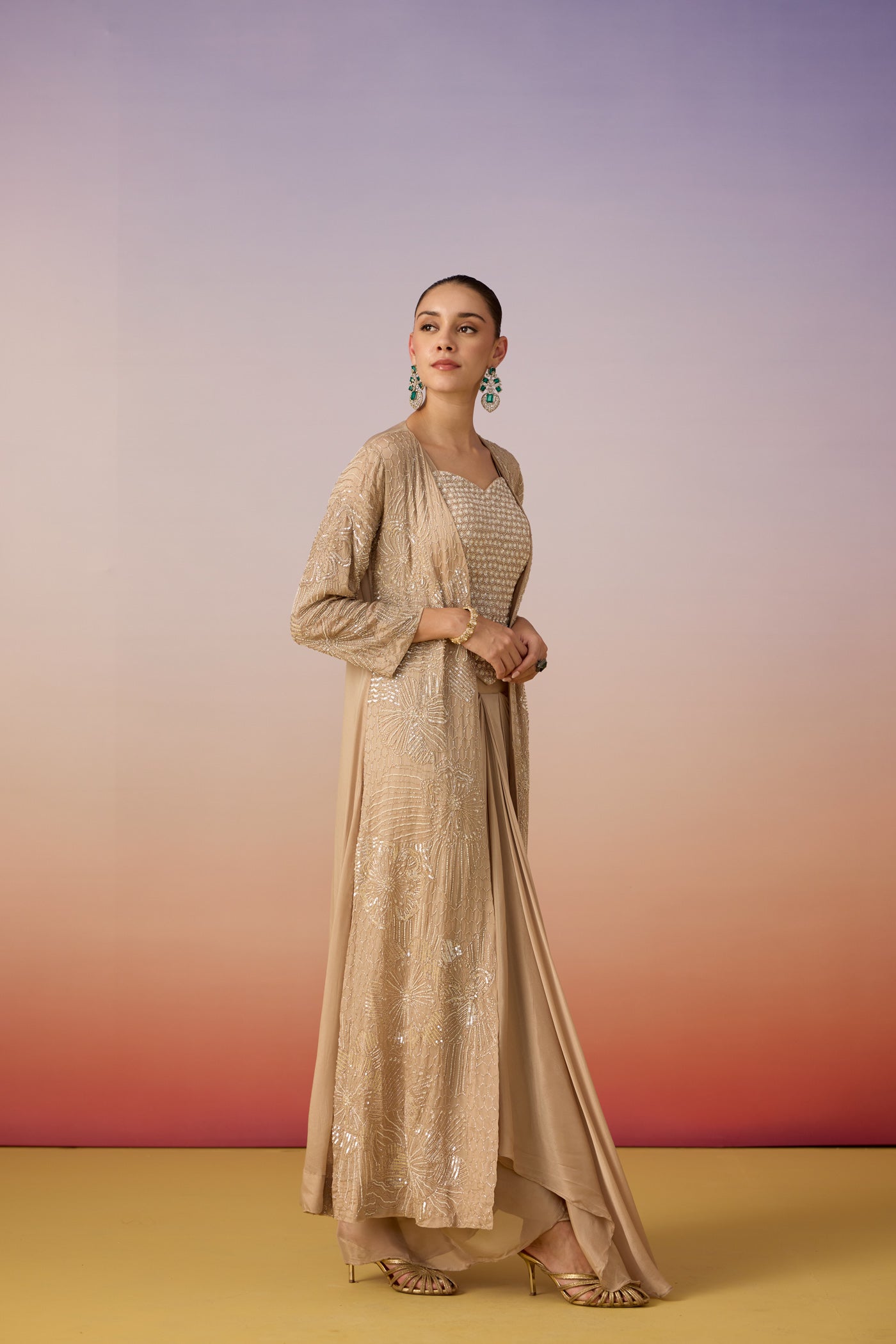 Sand Beige Embellished Chinon Silk Skirt Set