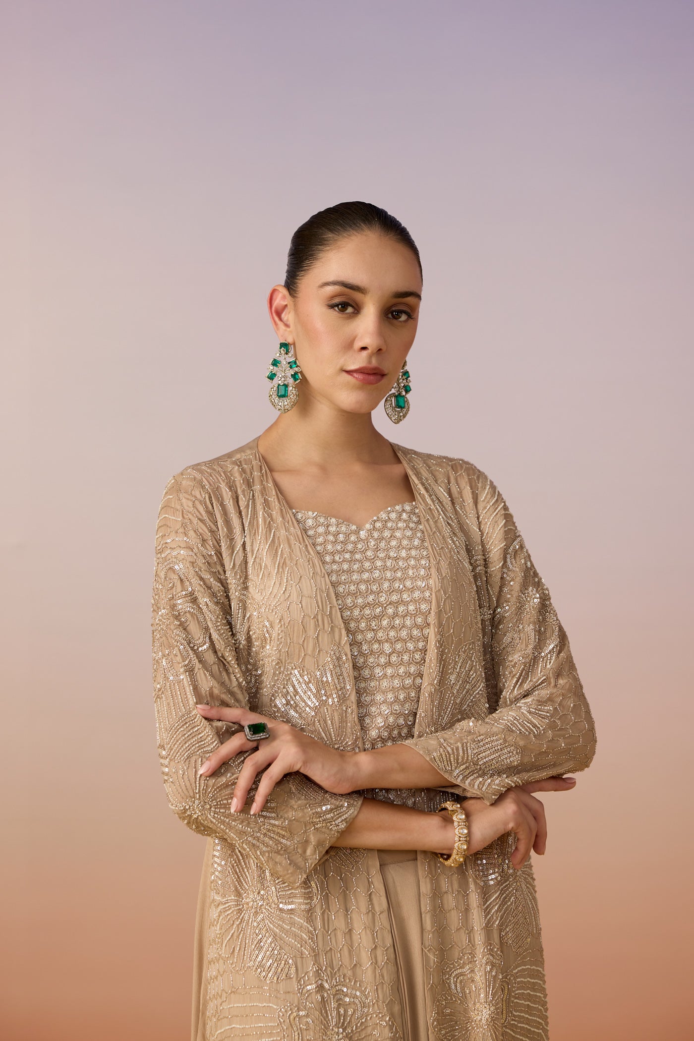 Sand Beige Embellished Chinon Silk Skirt Set
