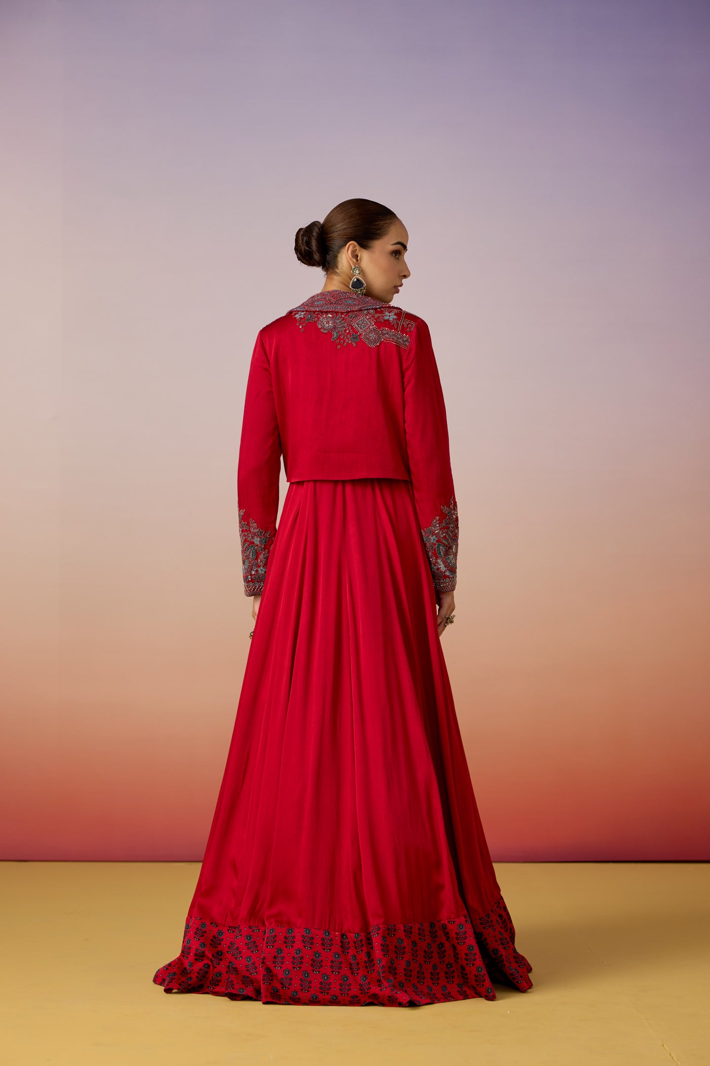 Crimson Red Embellished Satin Silk Anarkali Set