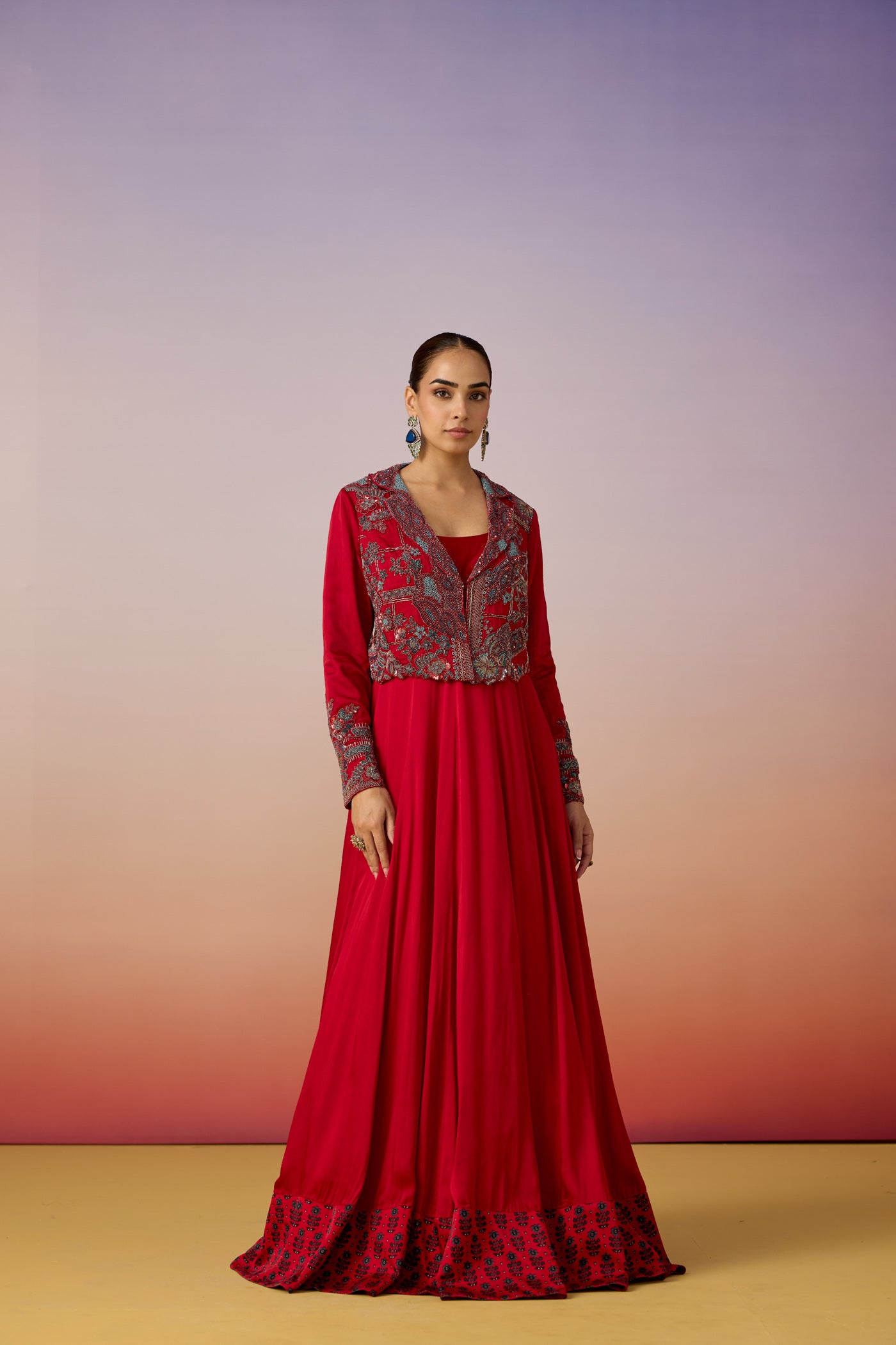 Crimson Red Embellished Satin Silk Anarkali Set
