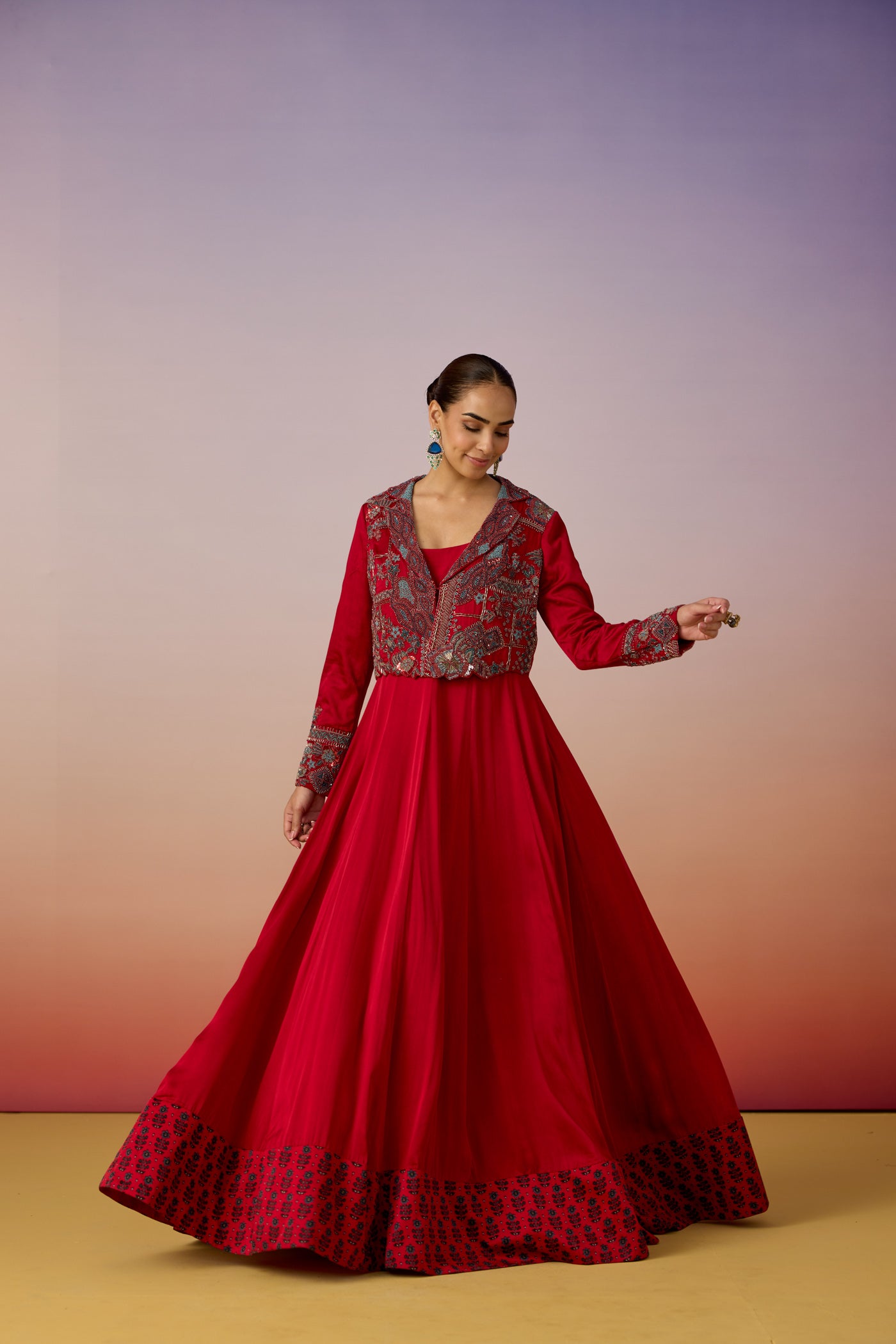 Crimson Red Embellished Satin Silk Anarkali Set