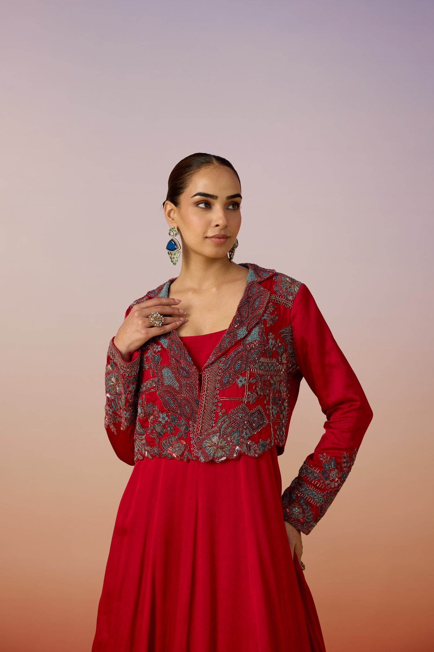 Crimson Red Embellished Satin Silk Anarkali Set