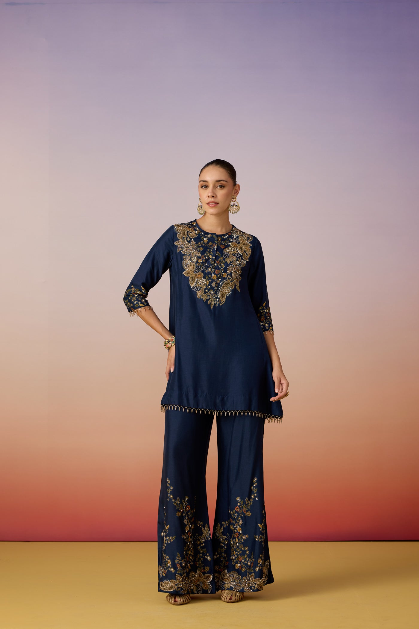 Midnight Navy Embellished Dola Silk Palazzo Set