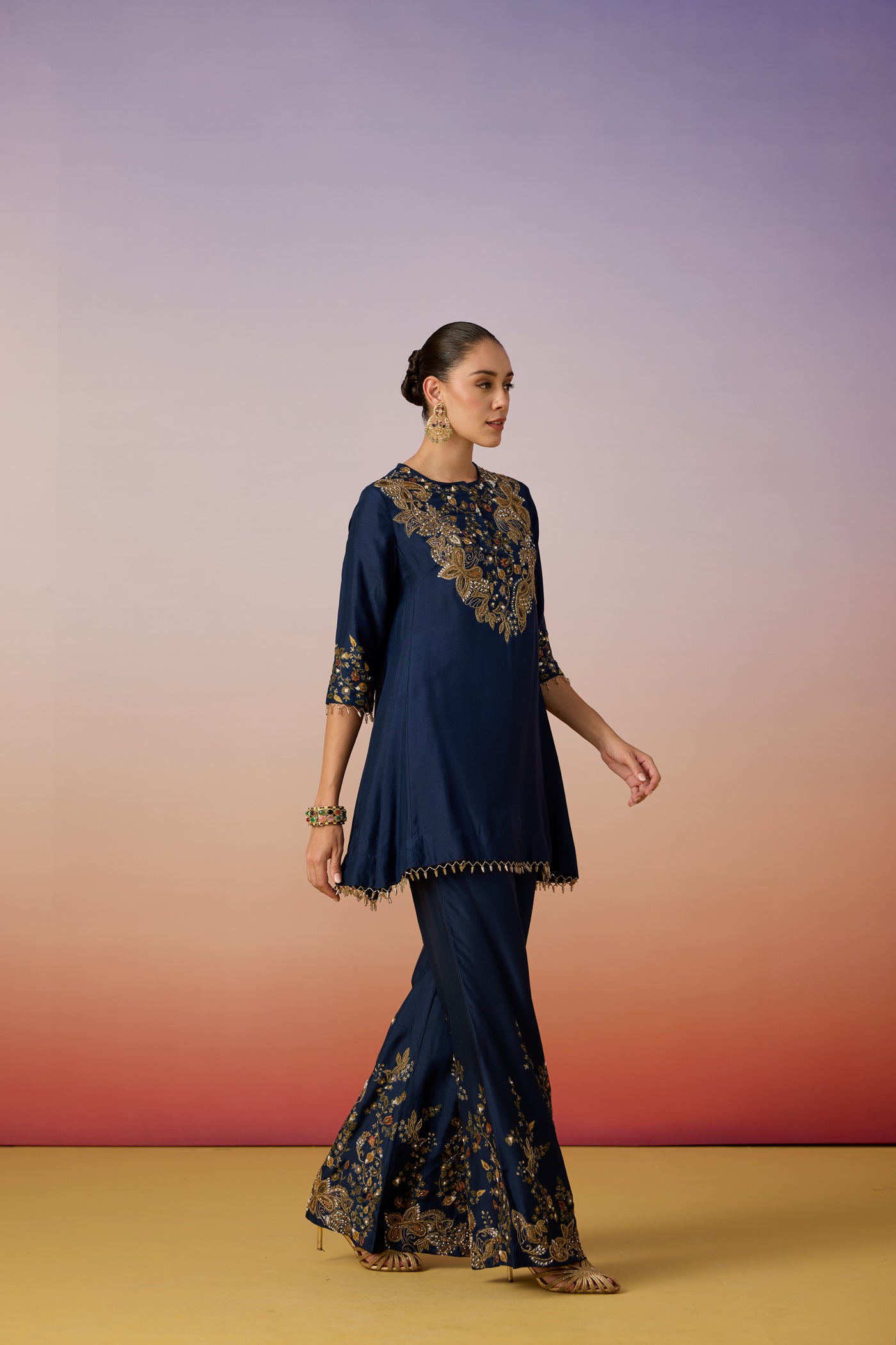 Midnight Navy Embellished Dola Silk Palazzo Set