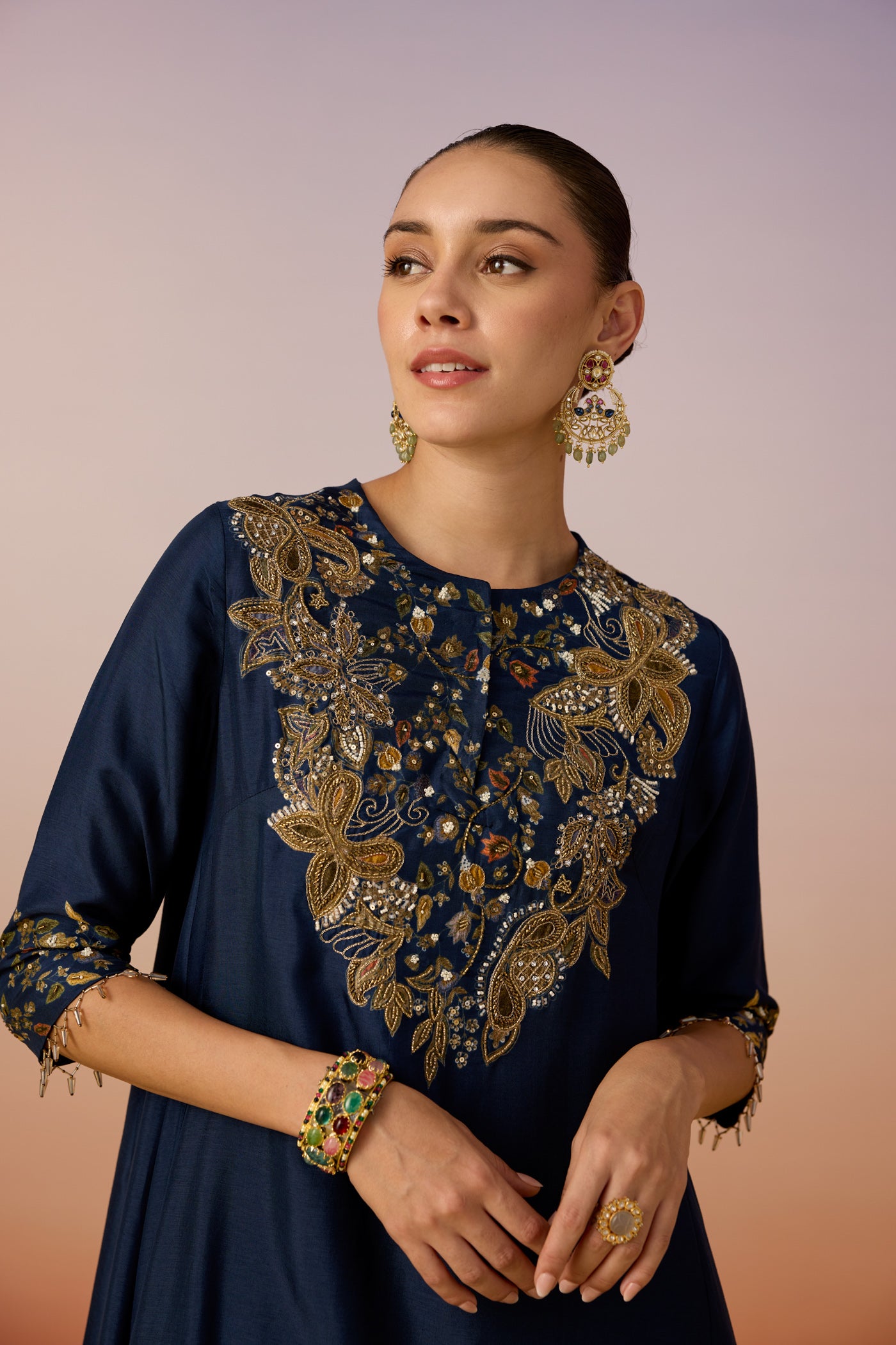Midnight Navy Embellished Dola Silk Palazzo Set