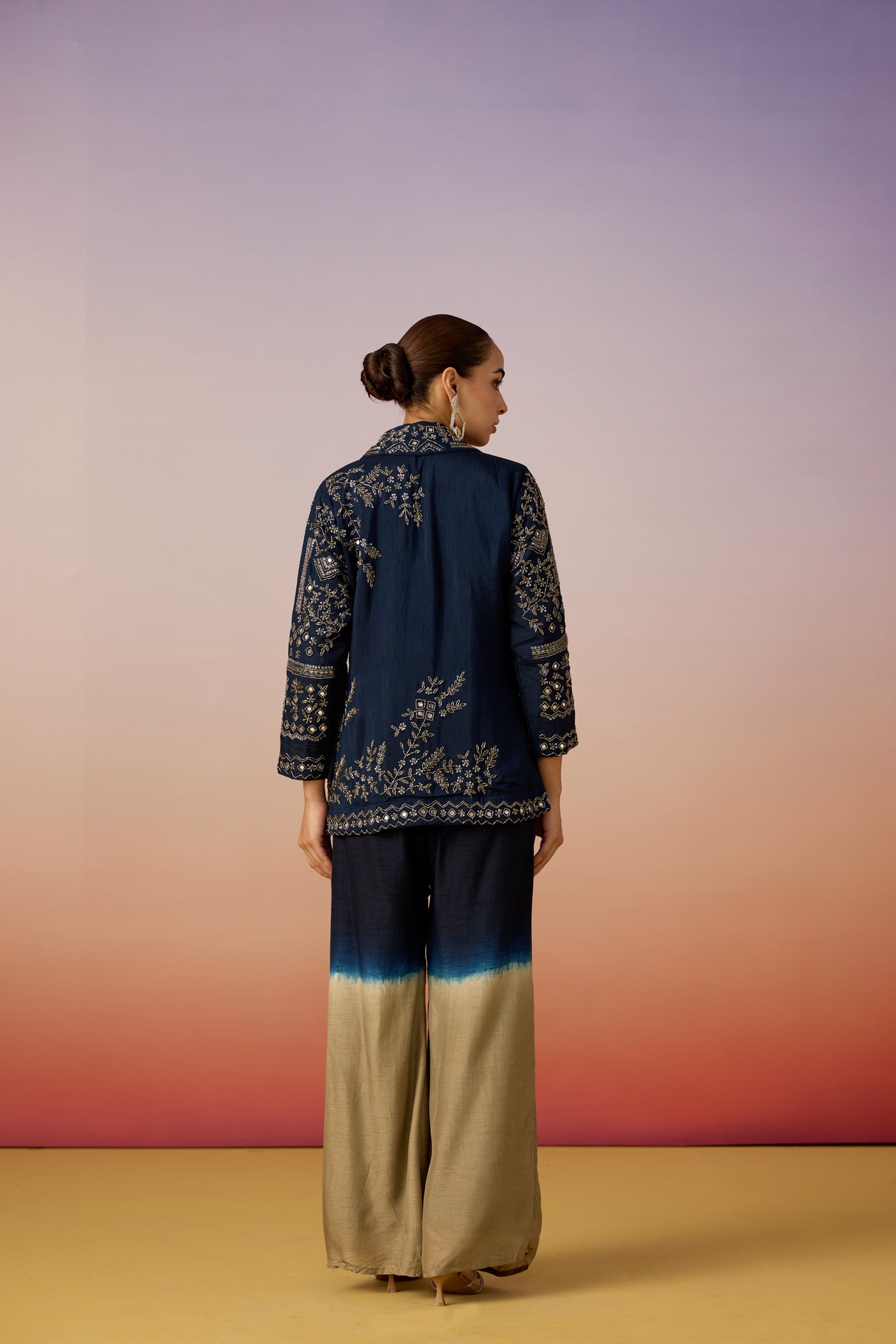 Navy Blue Embellished Dola Silk Jacket Palazzo Set