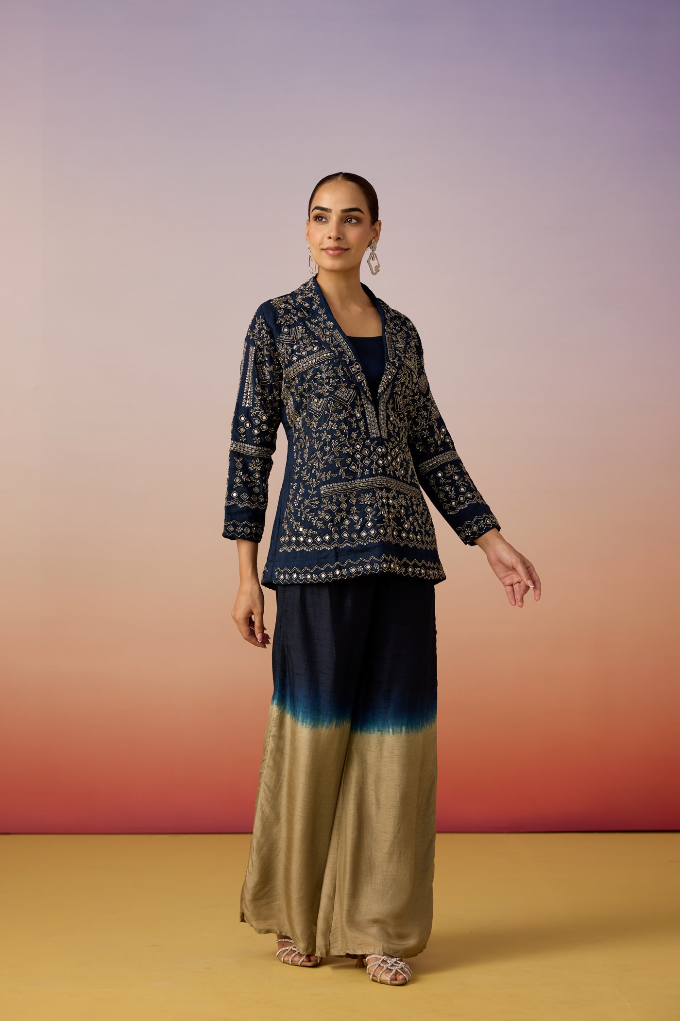 Navy Blue Embellished Dola Silk Jacket Palazzo Set