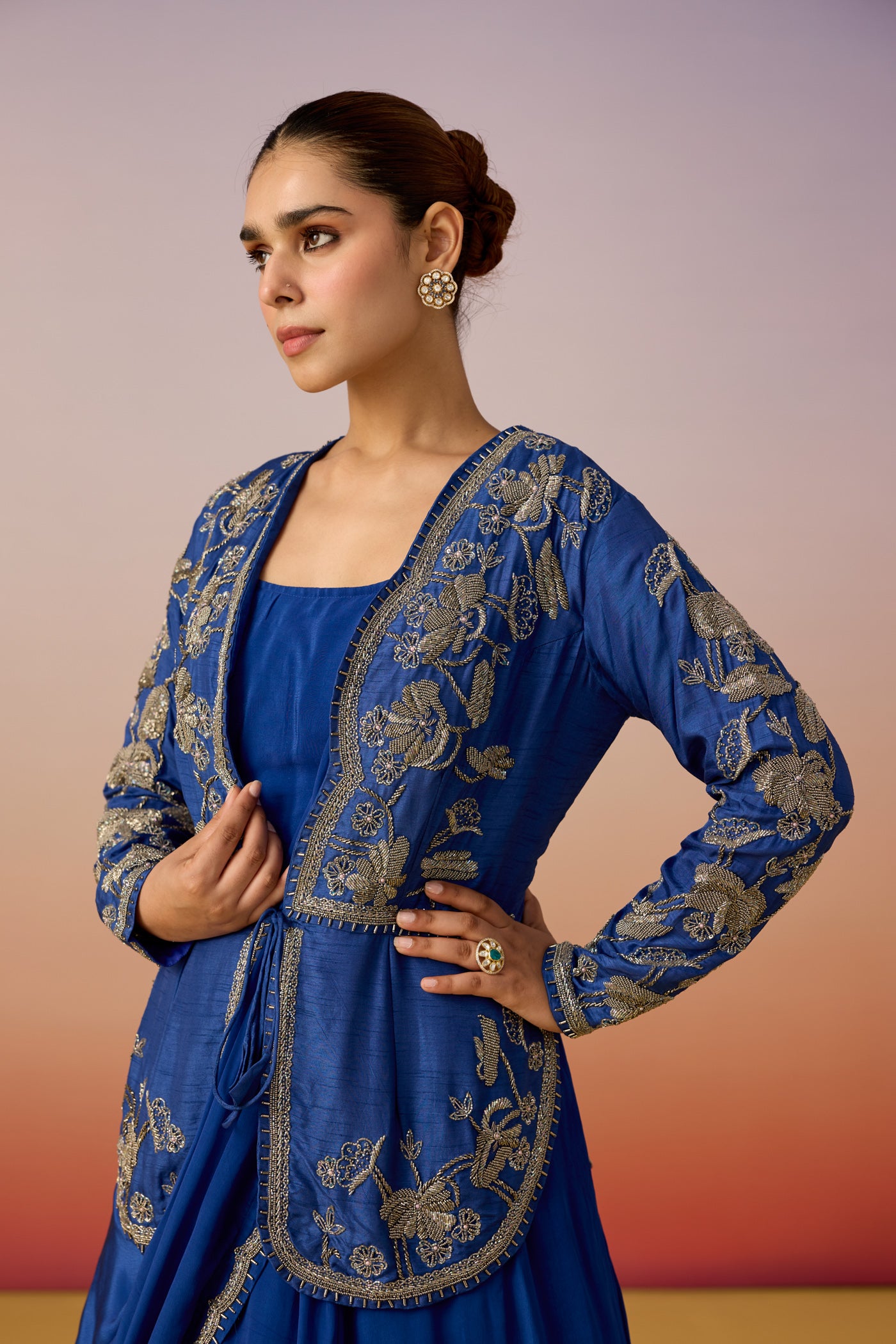 Royal Blue Embellished Raw Silk Anarkali Set